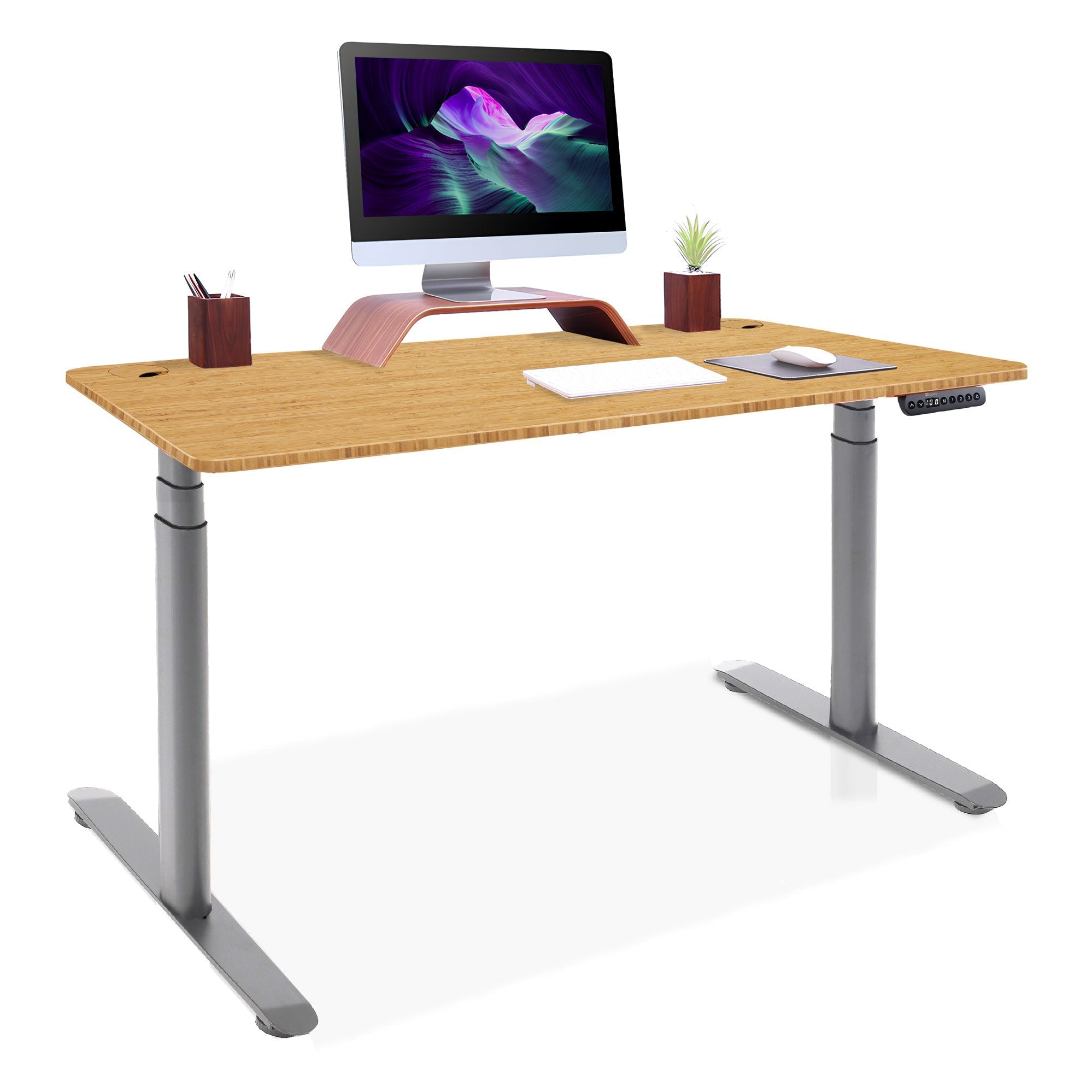 Bureau assis debout Dynamic Circle KQUEO gris, plateau bambou, 140 x 70 cm