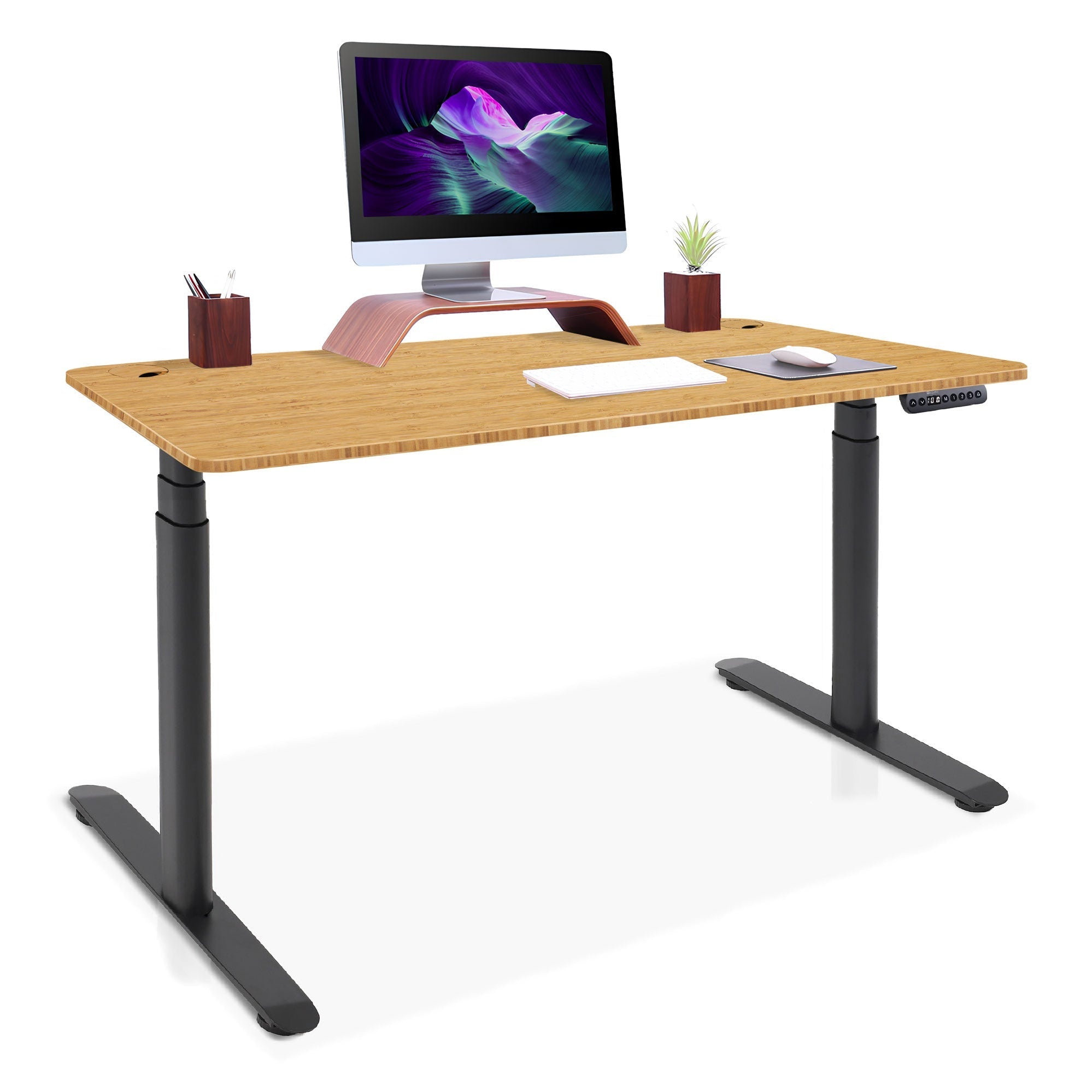 Bureau assis debout Dynamic Circle KQUEO noir, plateau bambou, 160 x 80 cm