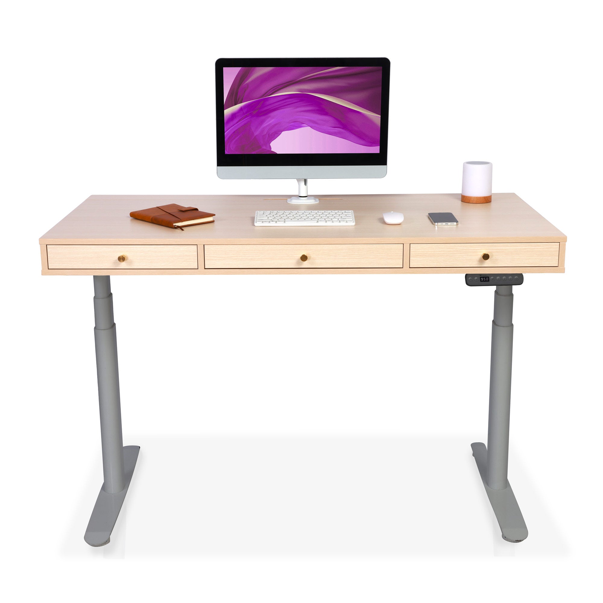 Bureau assis debout Space Dynamic Circle KQUEO gris, plateau chêne