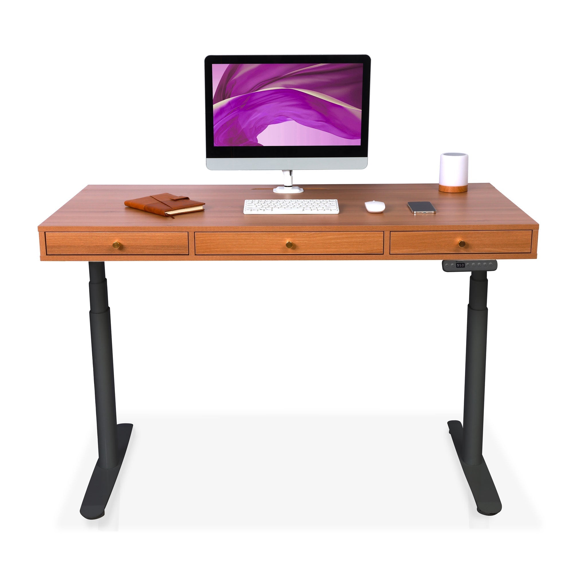Bureau assis debout Space Dynamic Circle KQUEO noir, plateau chêne, 110 x 60 cm
