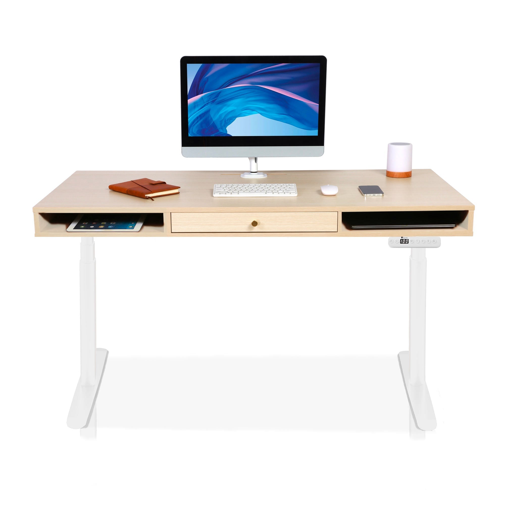 Bureau assis debout Space Dynamic Circle KQUEO blanc, plateau chêne, avec trappe