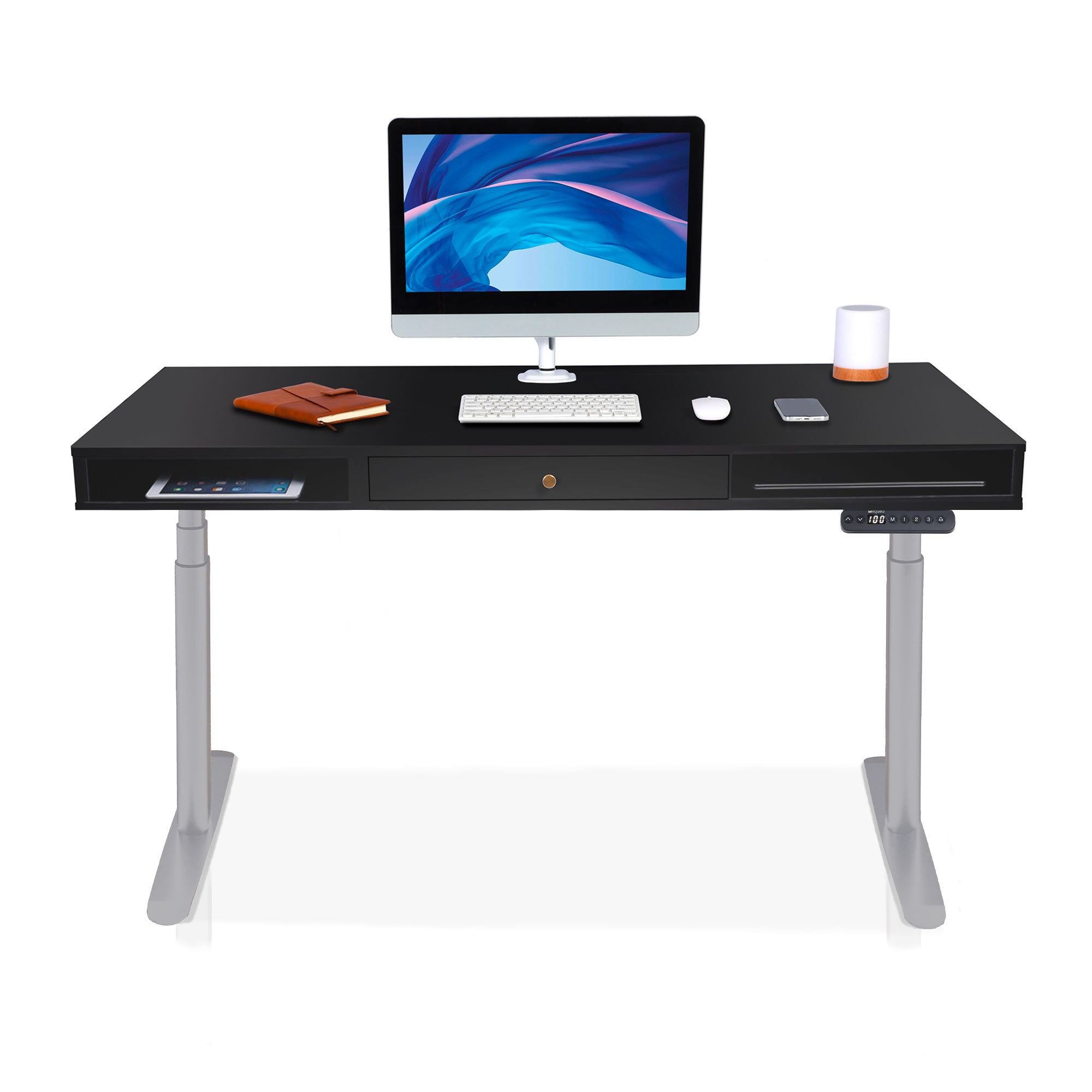 Bureau assis debout Space Dynamic Circle KQUEO gris et noir, avec trappe