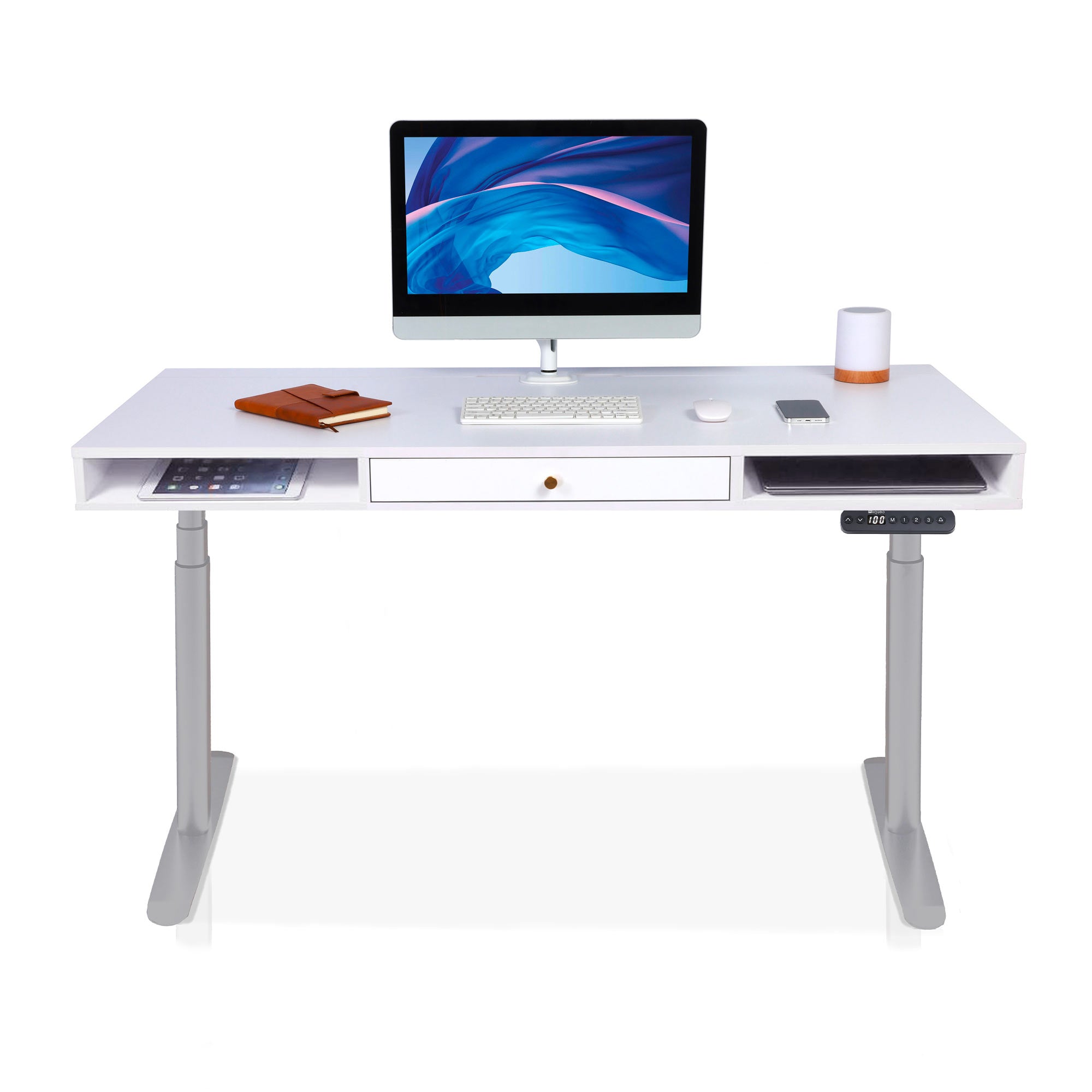 Bureau assis debout Space Dynamic Circle KQUEO gris et blanc, avec trappe