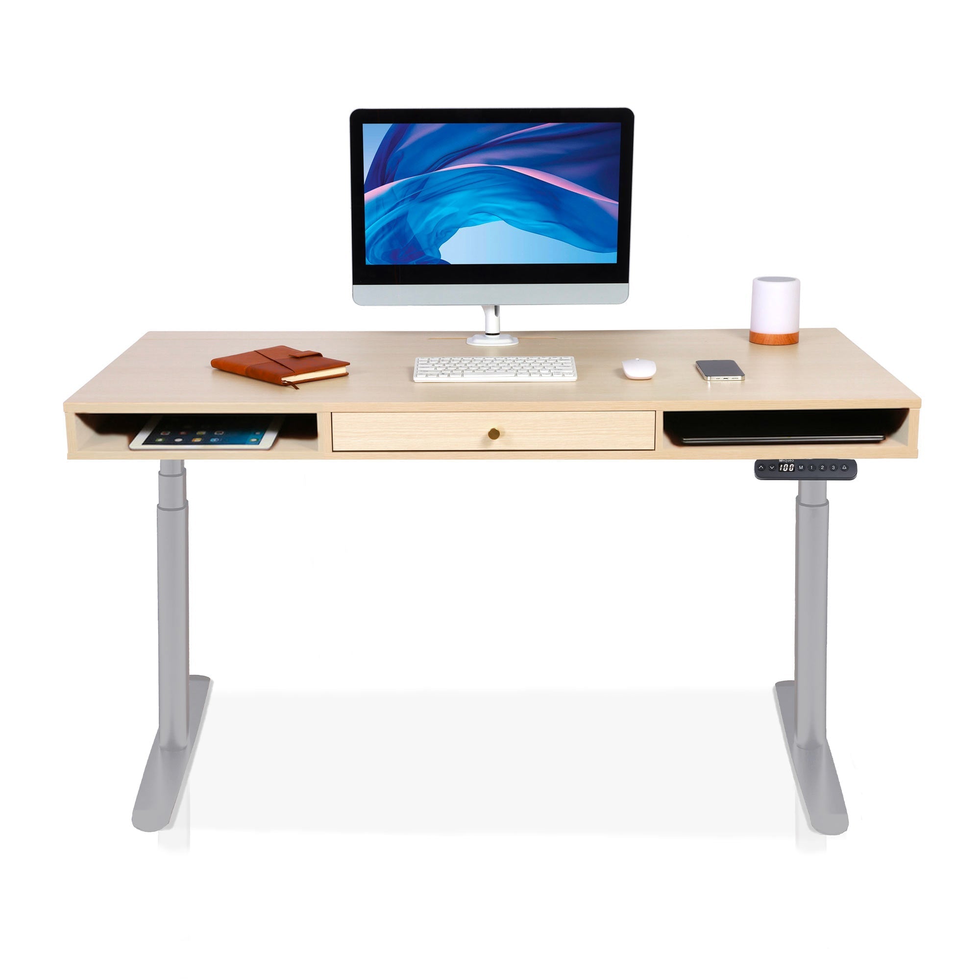 Bureau assis debout Space Dynamic Circle KQUEO gris, plateau chêne, avec trappe