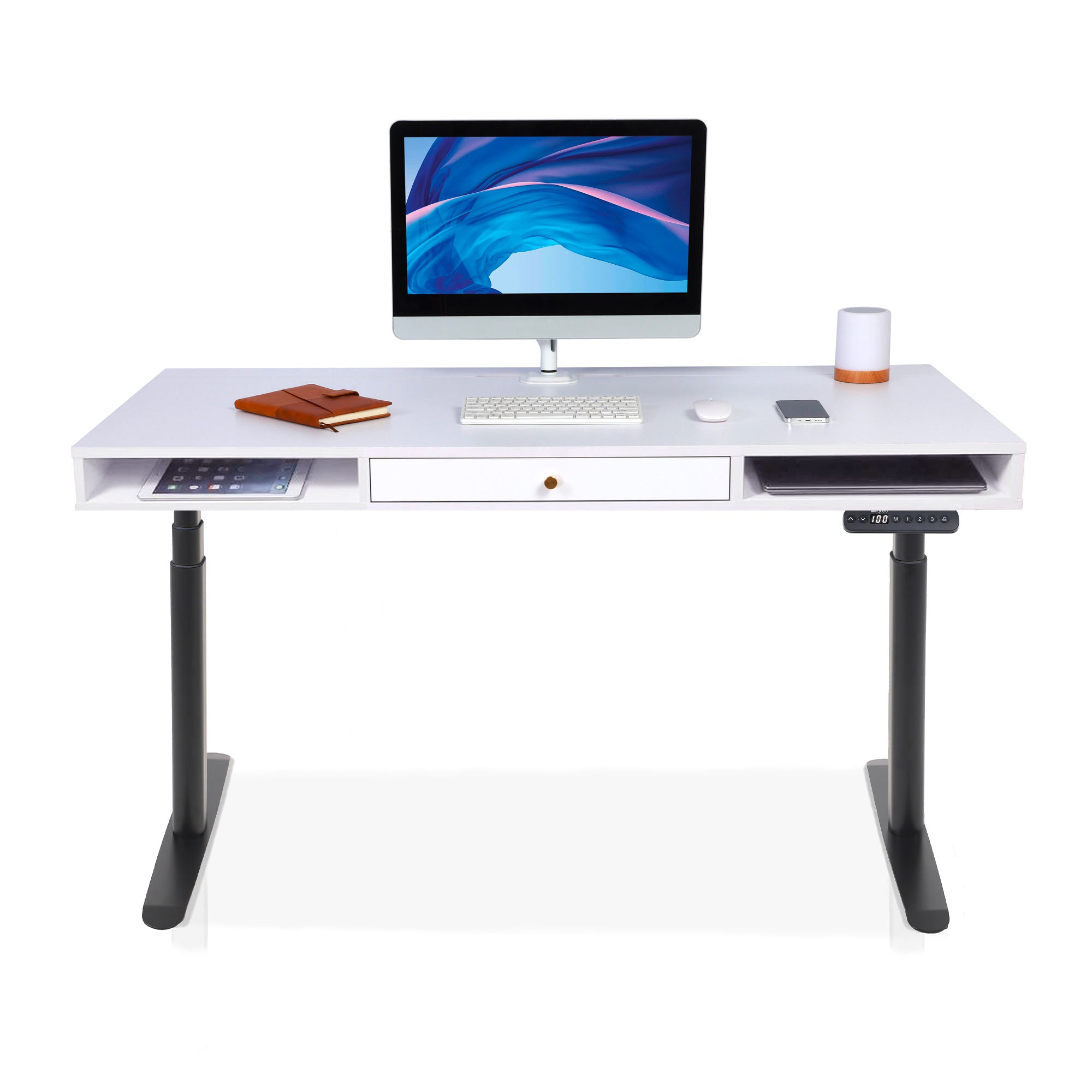 Bureau assis debout Space Dynamic Circle KQUEO noir et blanc, avec trappe