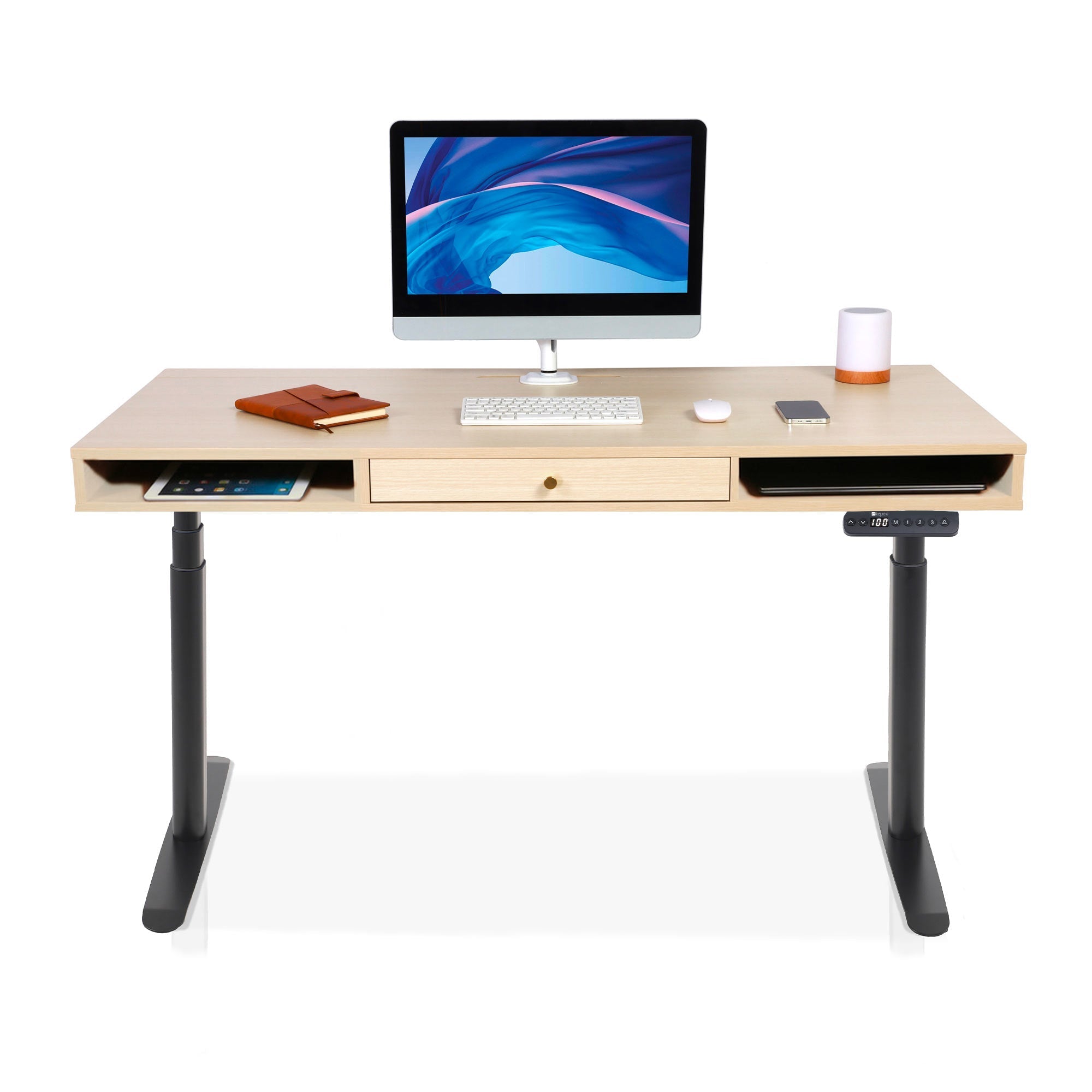 Bureau assis debout Space Dynamic Circle KQUEO noir, plateau chêne, avec trappe