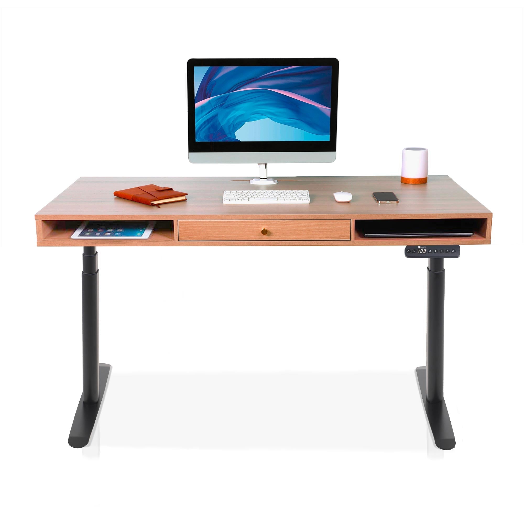 Bureau assis debout Space Dynamic Circle KQUEO noir, plateau chêne, avec trappe