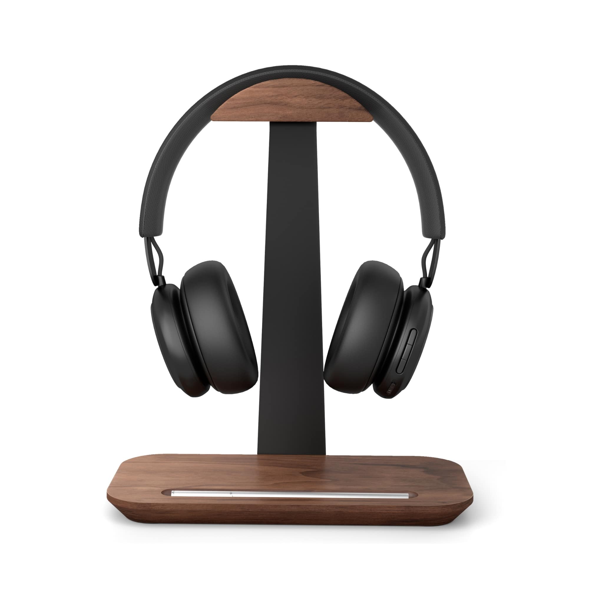 Porte-casque de bureau en bois de noyer avec support vertical en métal noir