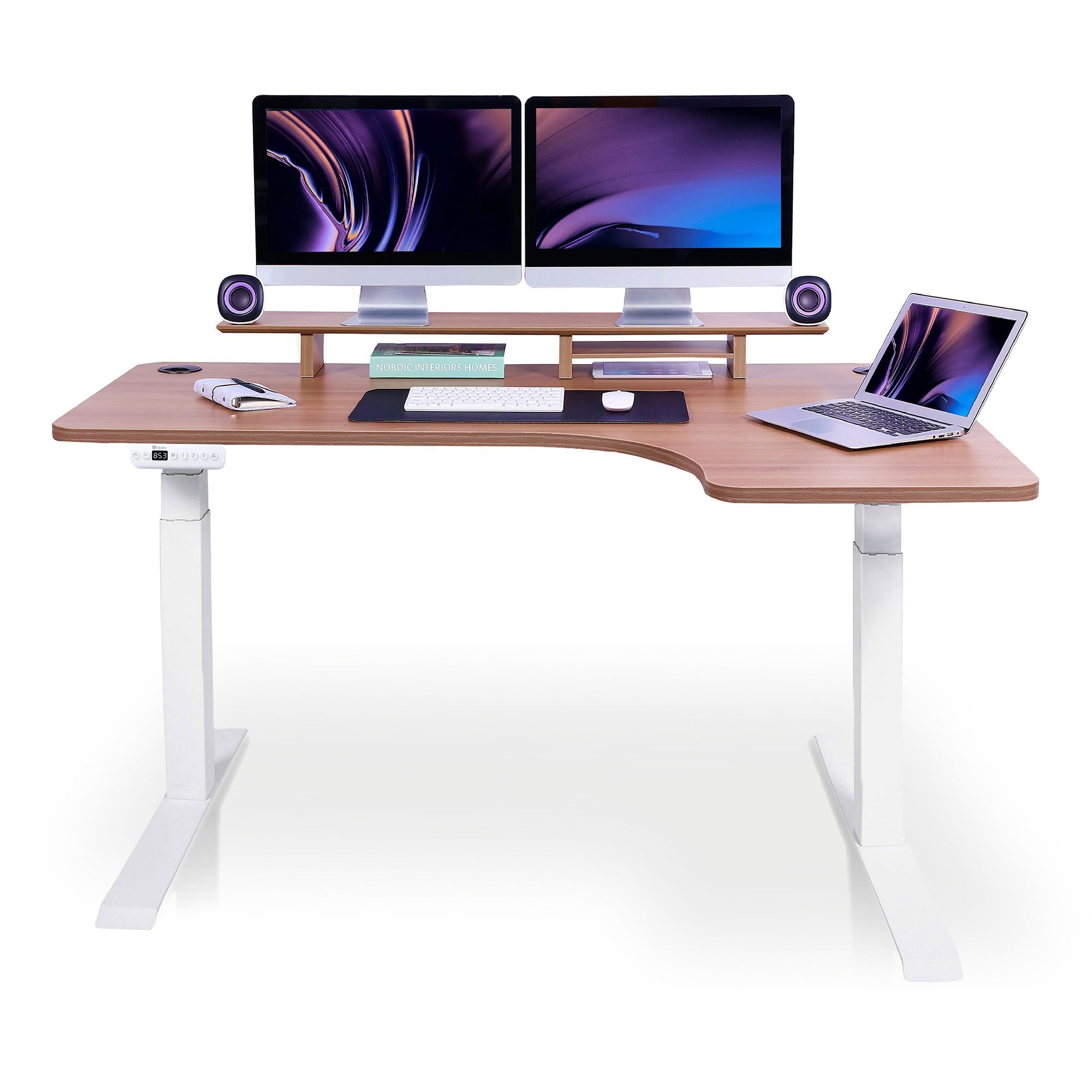 Bureau assis debout d'angle CORNER KQUEO blanc et chêne