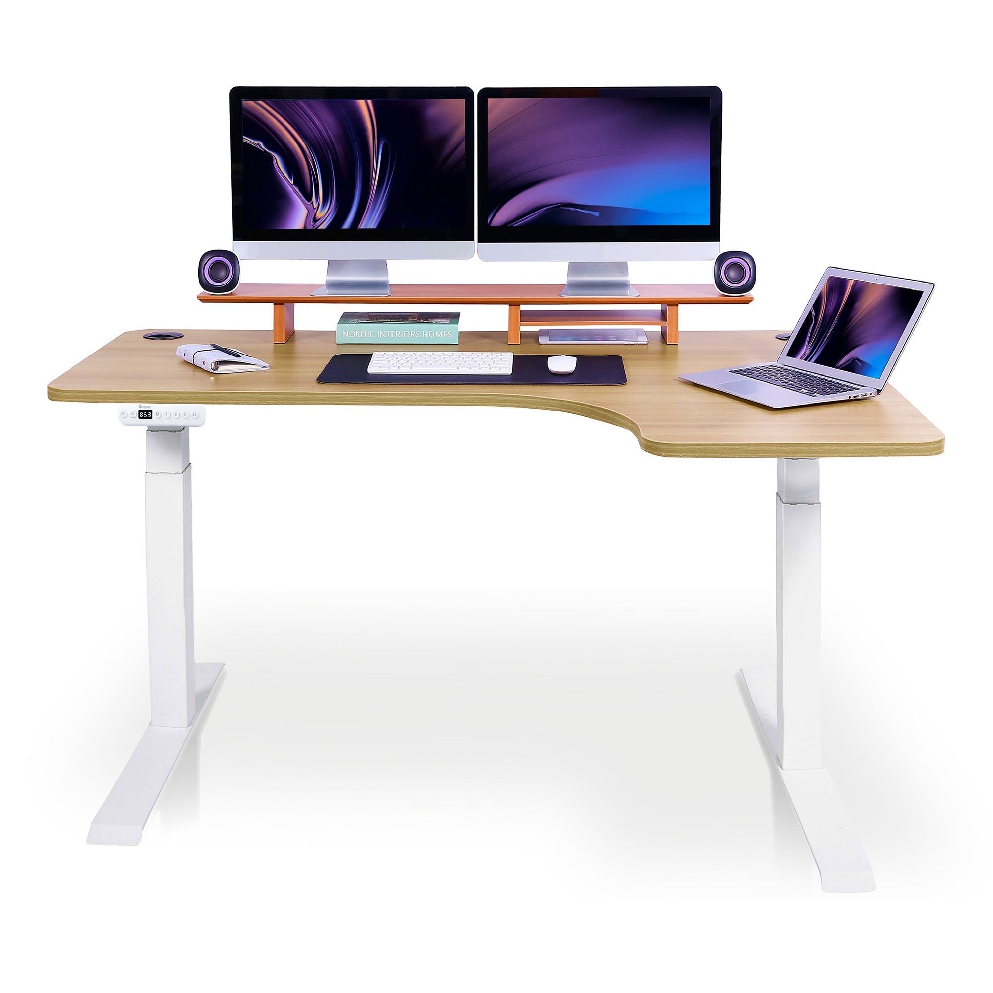 Bureau assis debout d'angle CORNER KQUEO blanc et chêne
