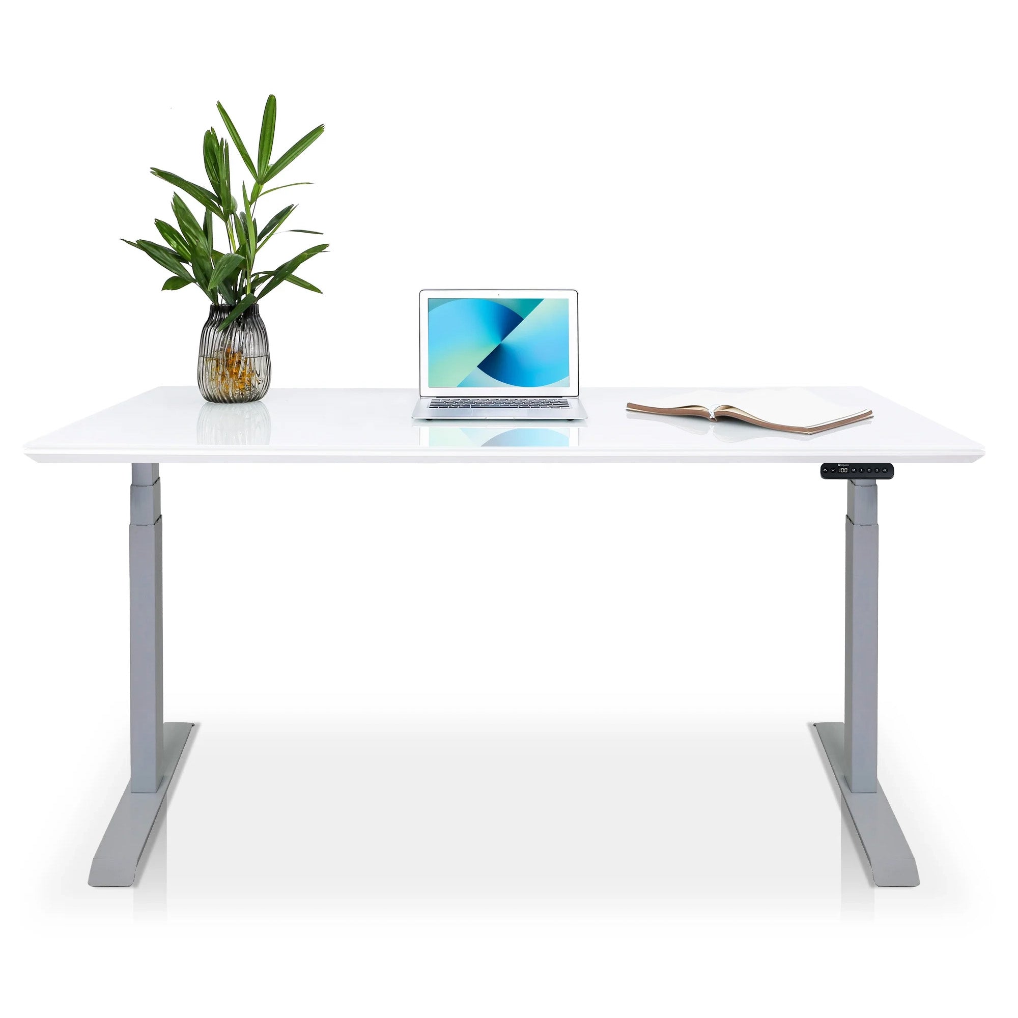 Bureau assis debout Dynamic en verre trempé blanc, noir et gris