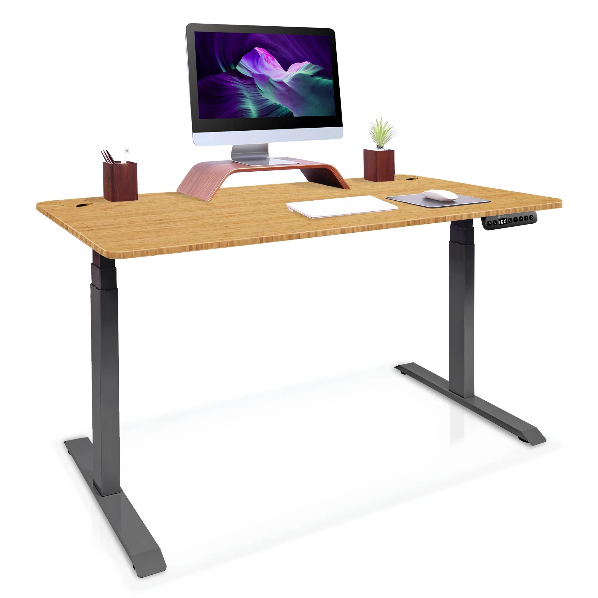 Bureau assis debout Dynamic carré KQUEO noir, plateau bambou
