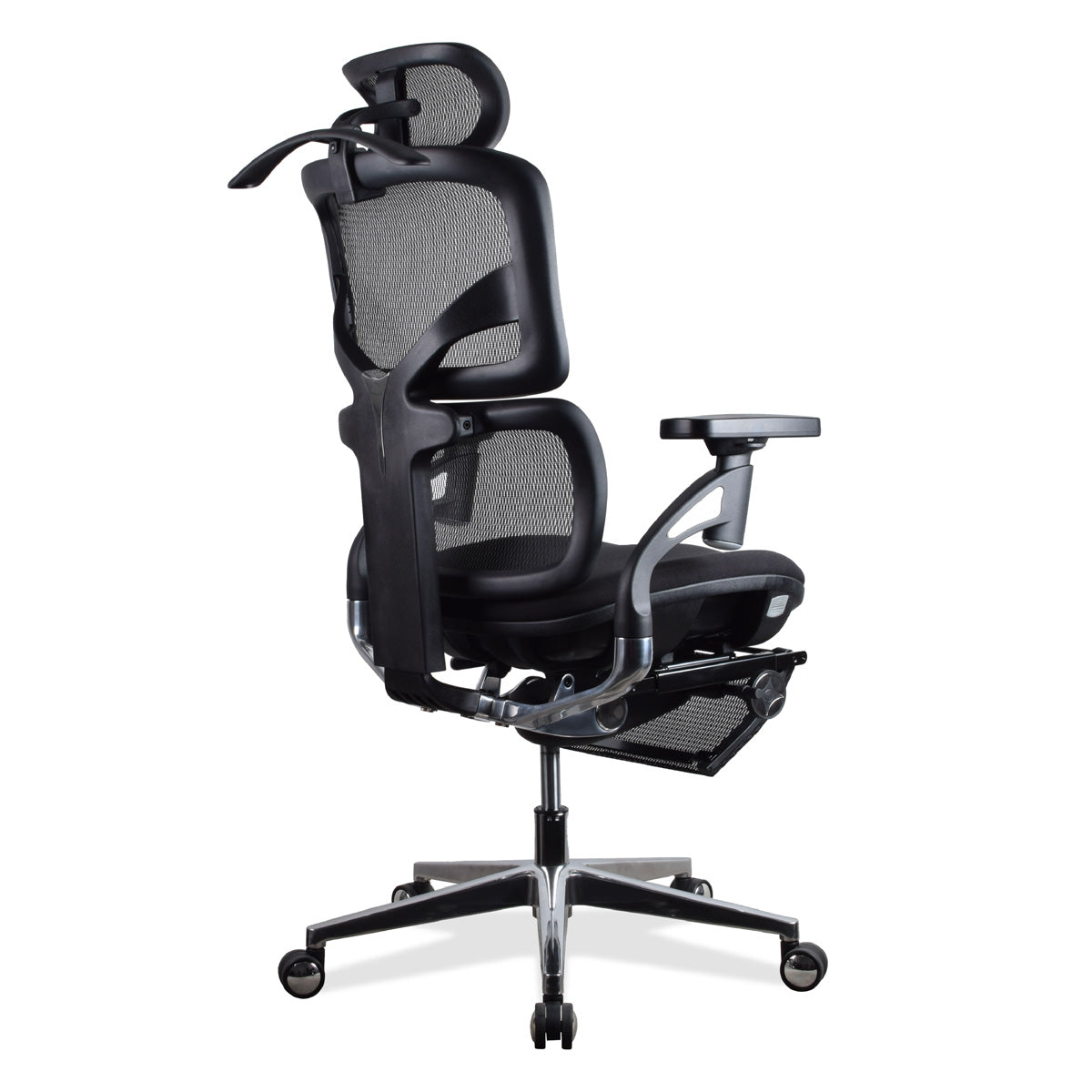 Chaise ergonomique TERRANA PREMIUM noire vue de profil, dossier inclinable et repose-pied