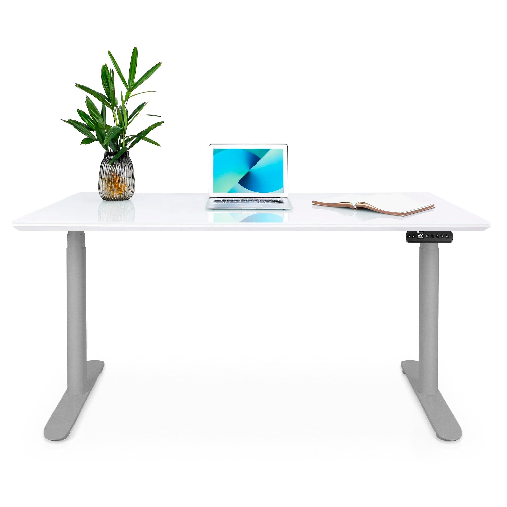 Bureau assis debout Dynamic Circle en verre trempé, blanc et gris