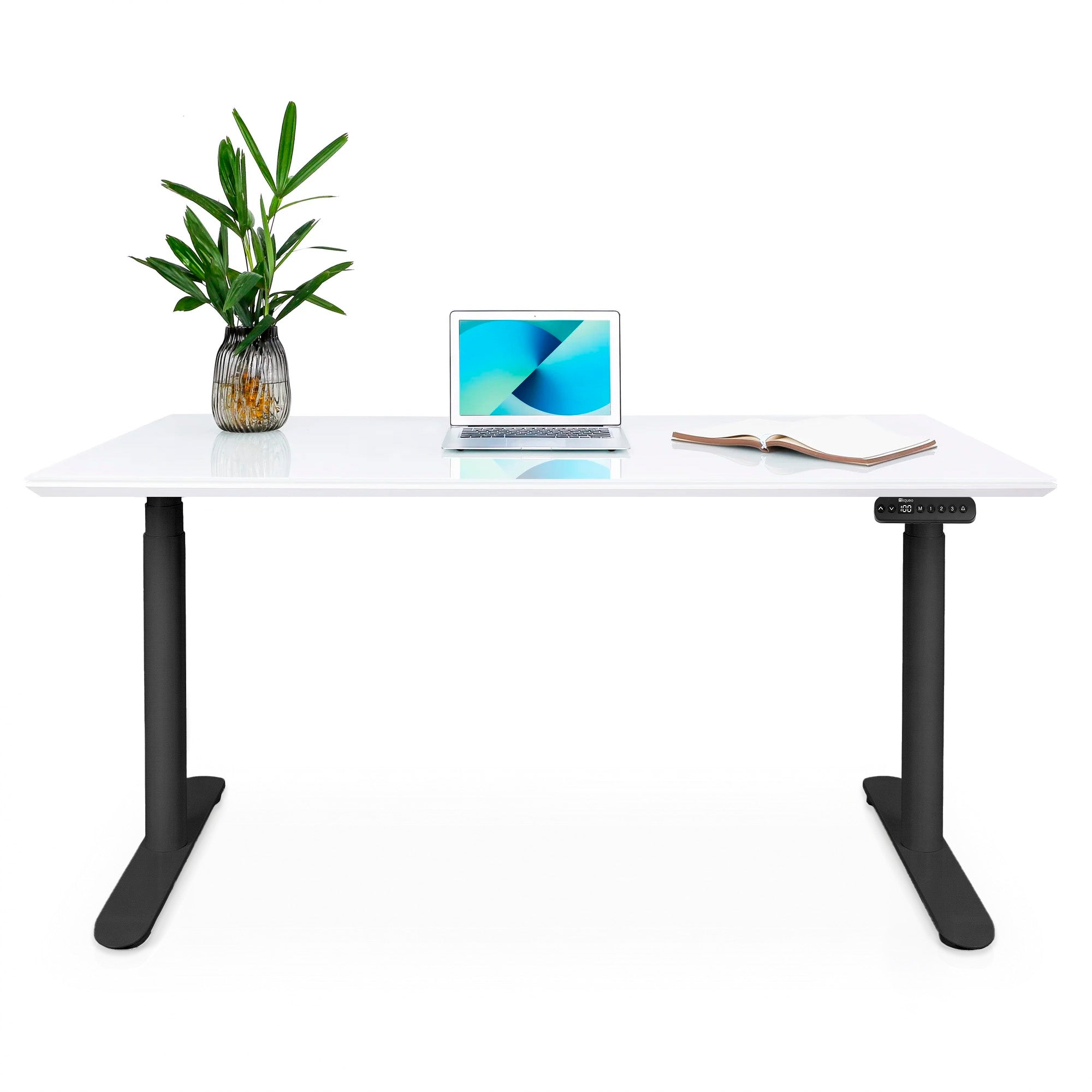 Bureau assis debout Dynamic Circle en verre trempé, blanc et noir