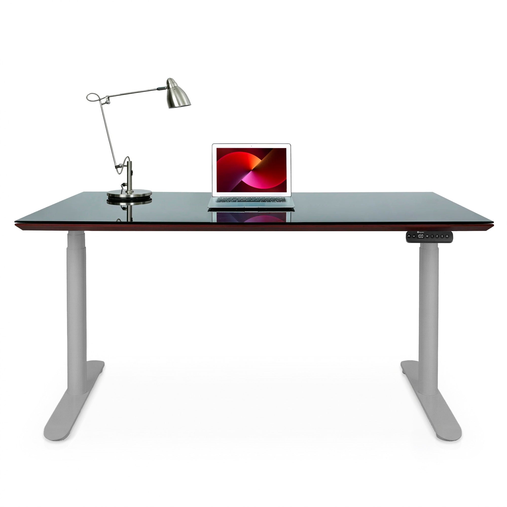 Bureau assis debout Dynamic Circle en verre trempé, noir et gris