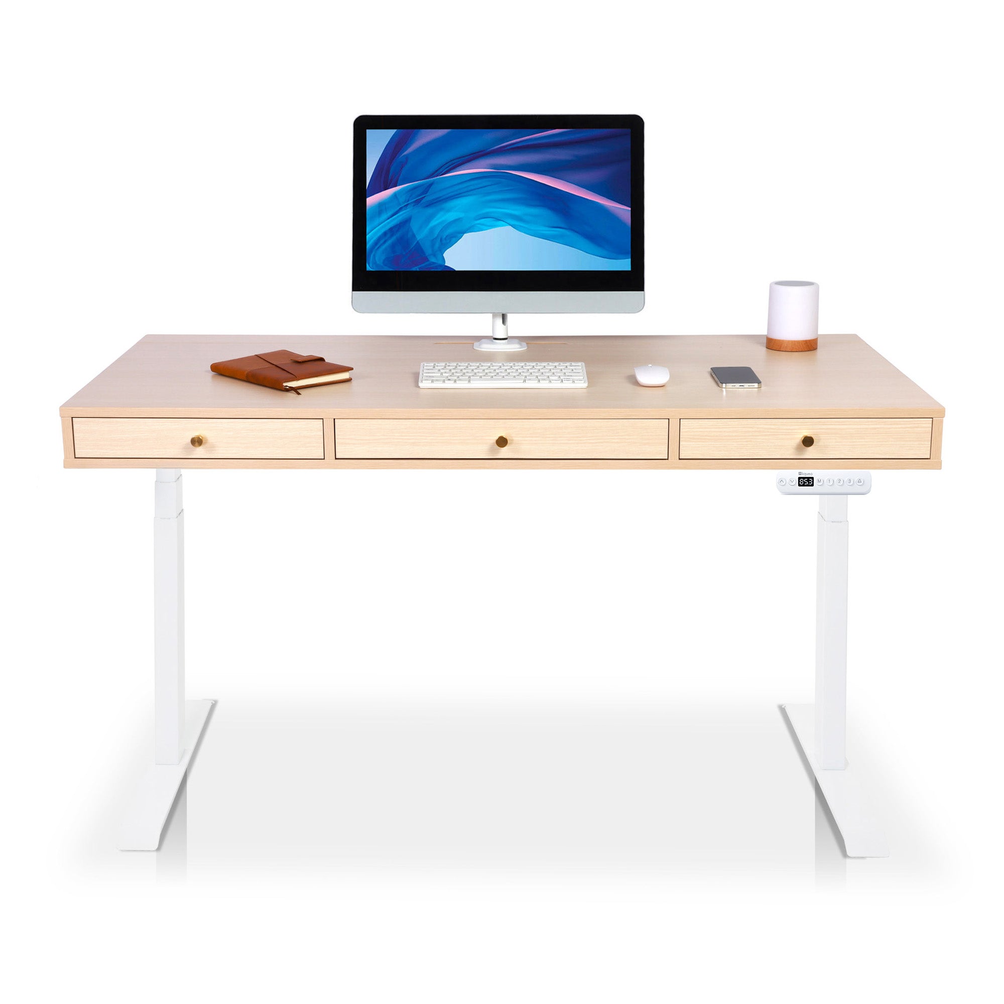 Bureau assis debout Space Dynamic carré KQUEO, 3 tiroirs, blanc et chêne