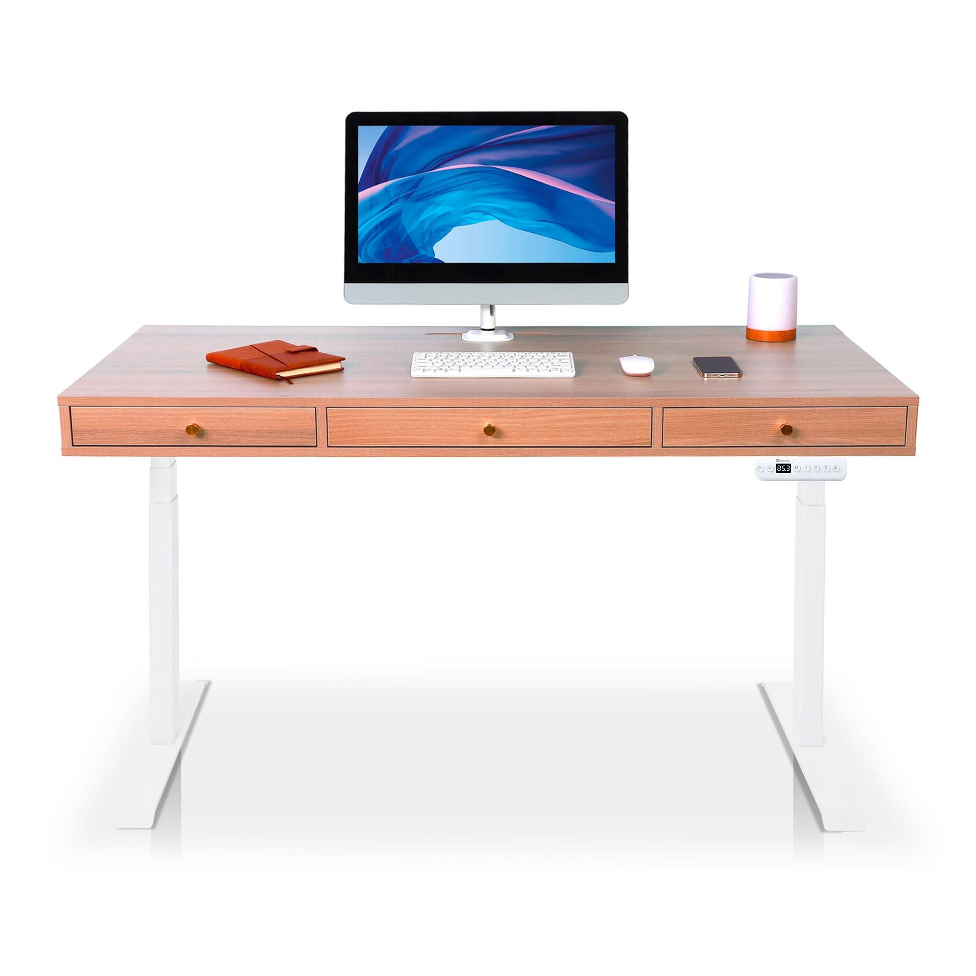 Bureau assis debout Space Dynamic carré KQUEO, 3 tiroirs, blanc et chêne