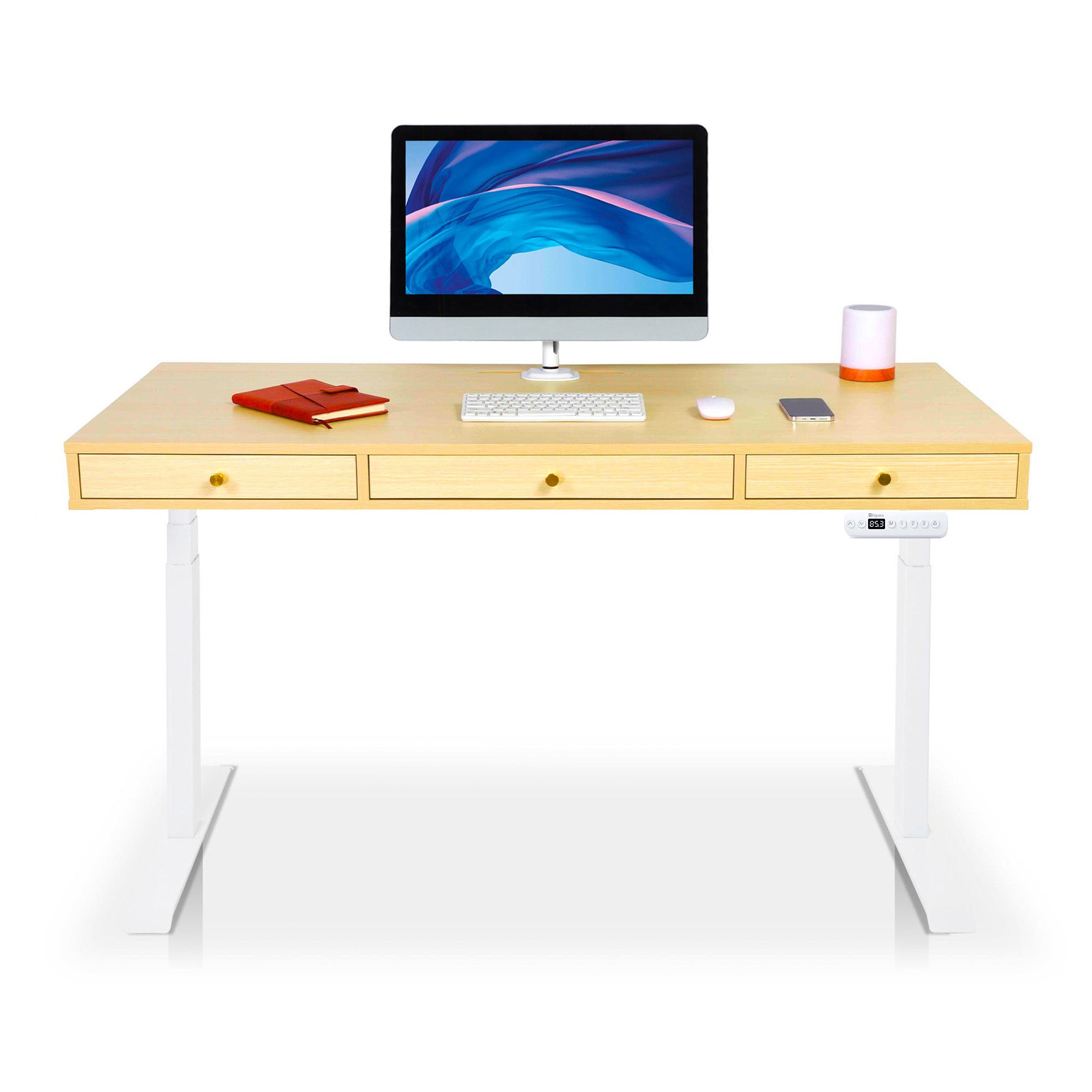 Bureau assis debout Space Dynamic carré KQUEO, 3 tiroirs, blanc et chêne