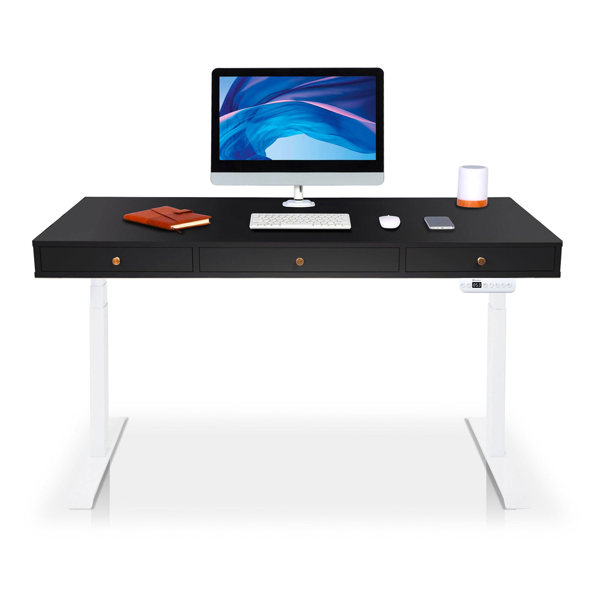 Bureau assis debout Space Dynamic carré KQUEO, 3 tiroirs, blanc et noir