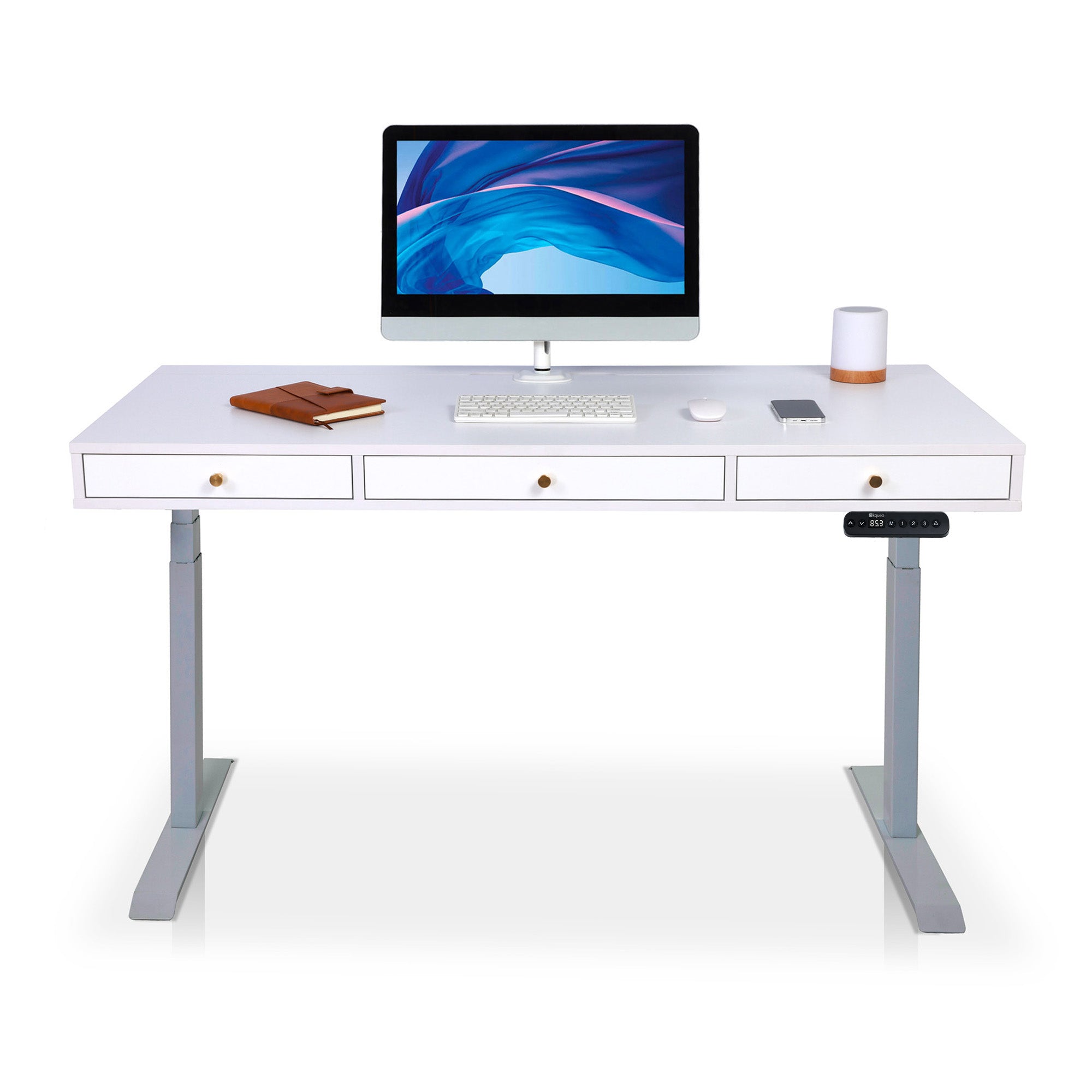 Bureau assis debout Space Dynamic carré KQUEO, 3 tiroirs, gris et blanc