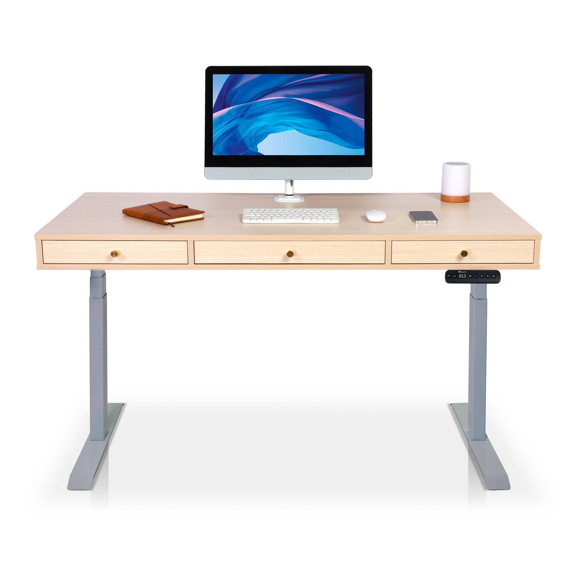Bureau assis debout Space Dynamic carré KQUEO, 3 tiroirs, gris et chêne