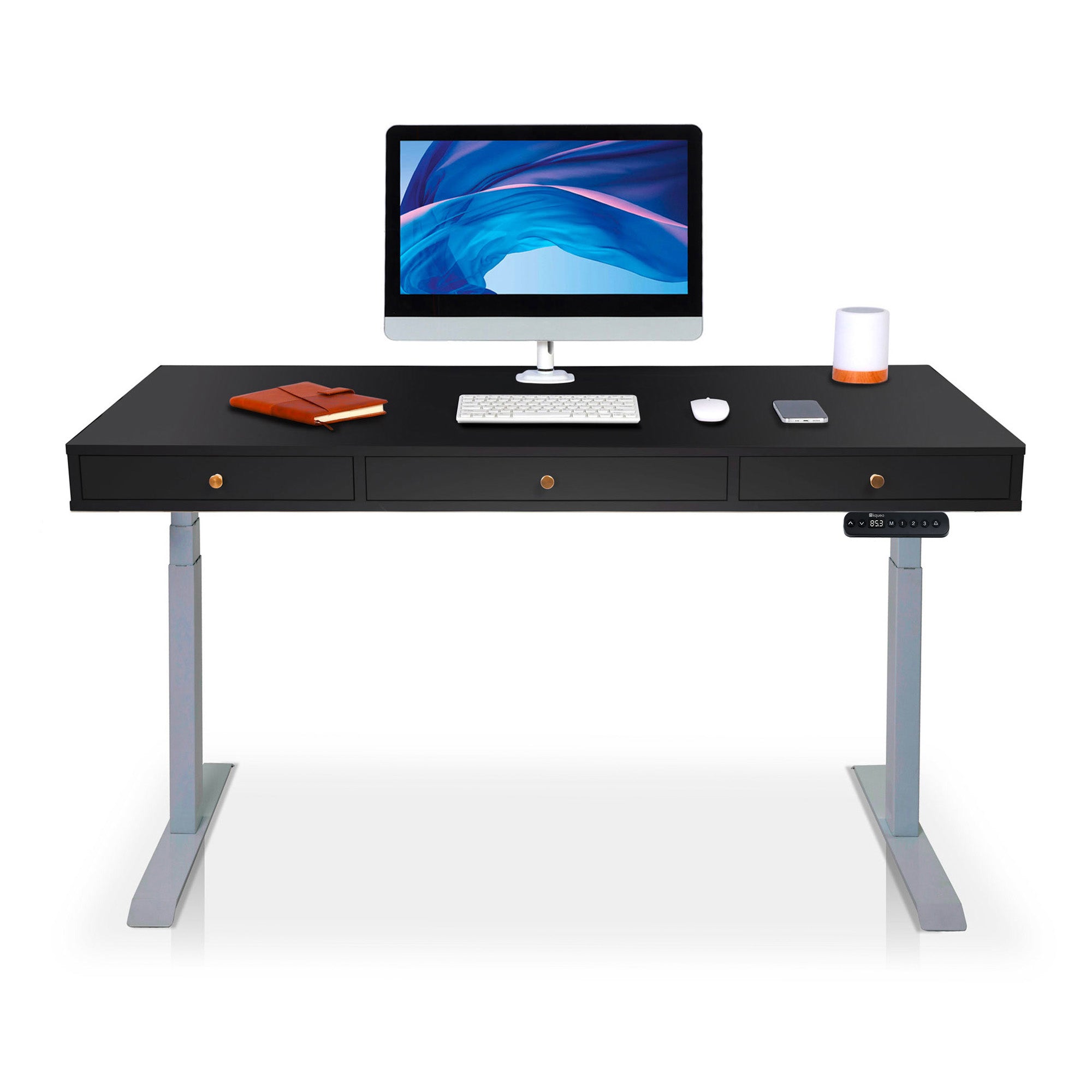 Bureau assis debout Space Dynamic carré KQUEO, 3 tiroirs, gris et noir