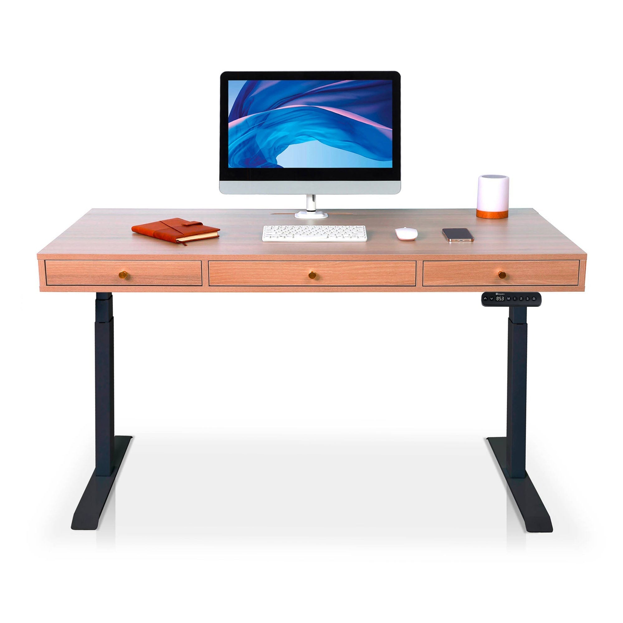 Bureau assis debout Space Dynamic carré KQUEO, 3 tiroirs, noir et chêne