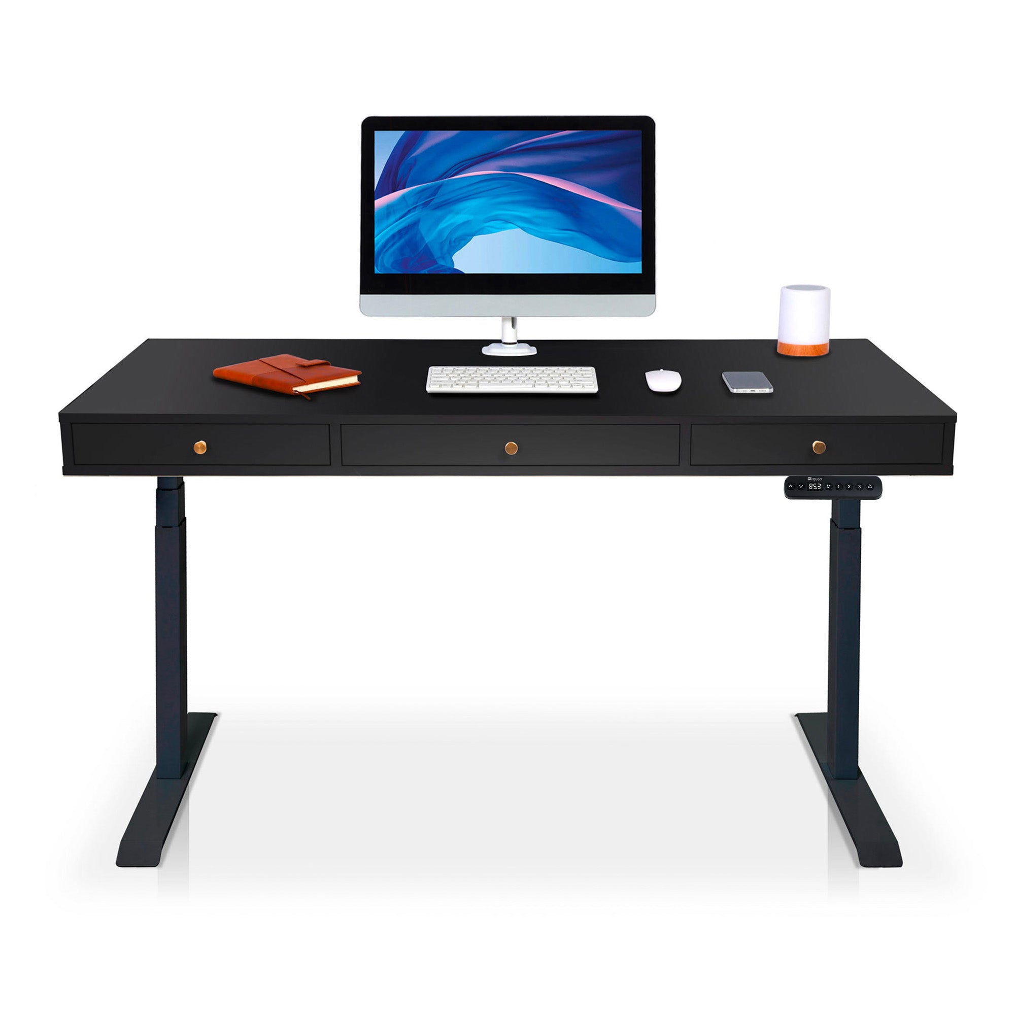 Bureau assis debout Space Dynamic carré KQUEO, 3 tiroirs, noir