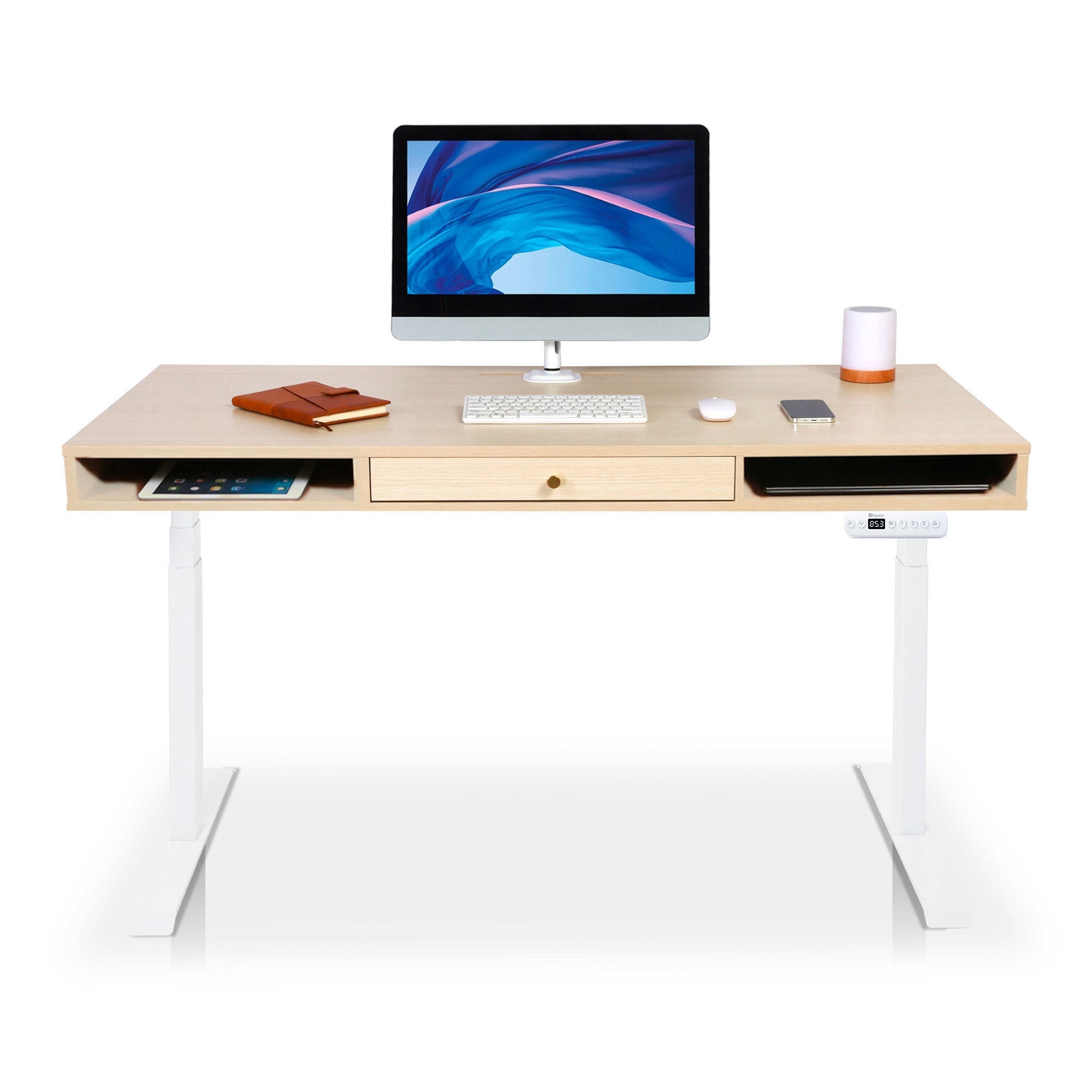 Bureau assis debout Space Dynamic carré KQUEO, 1 tiroir, blanc et chêne