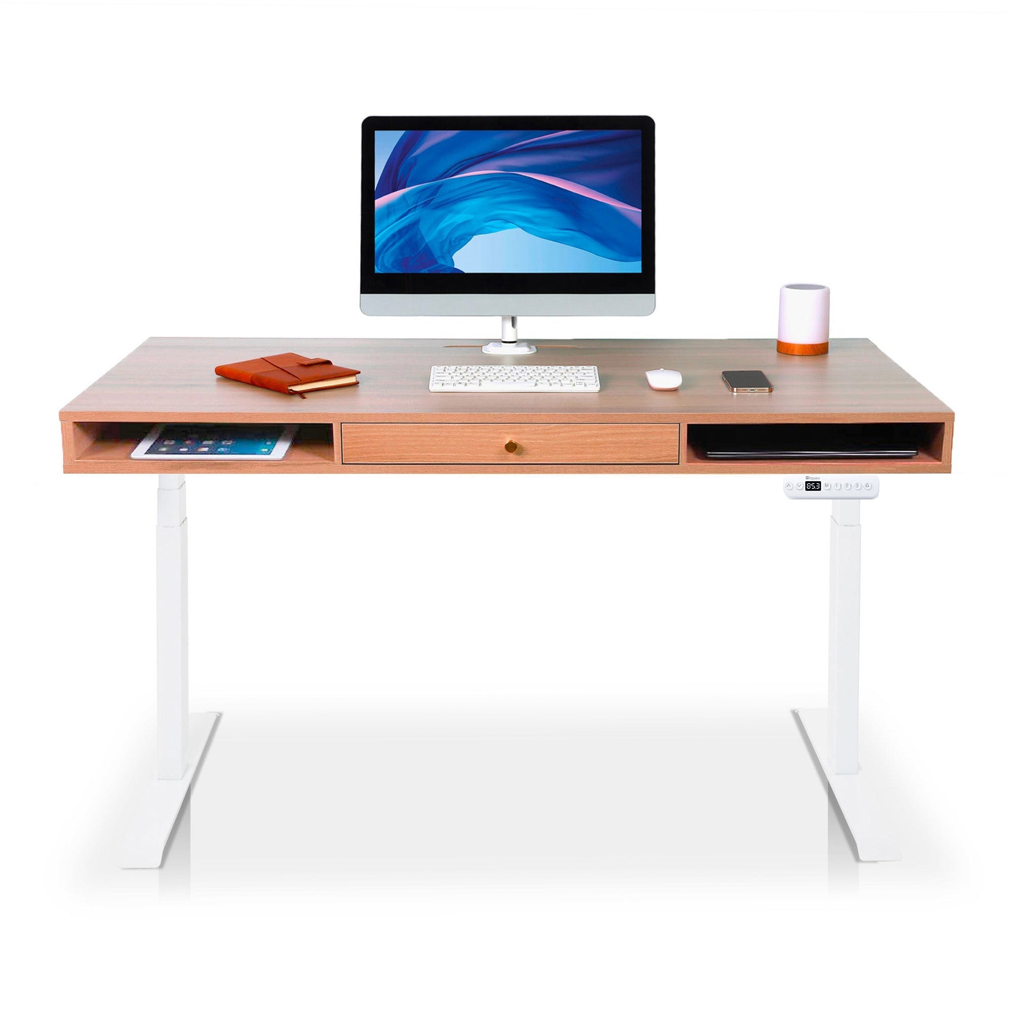 Bureau assis debout Space Dynamic carré KQUEO, 1 tiroir, blanc et chêne