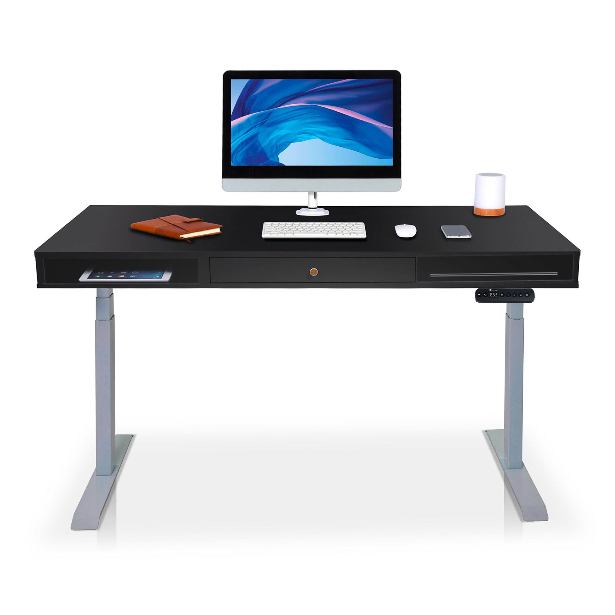 Bureau assis debout Space Dynamic carré KQUEO, 1 tiroir, gris et noir