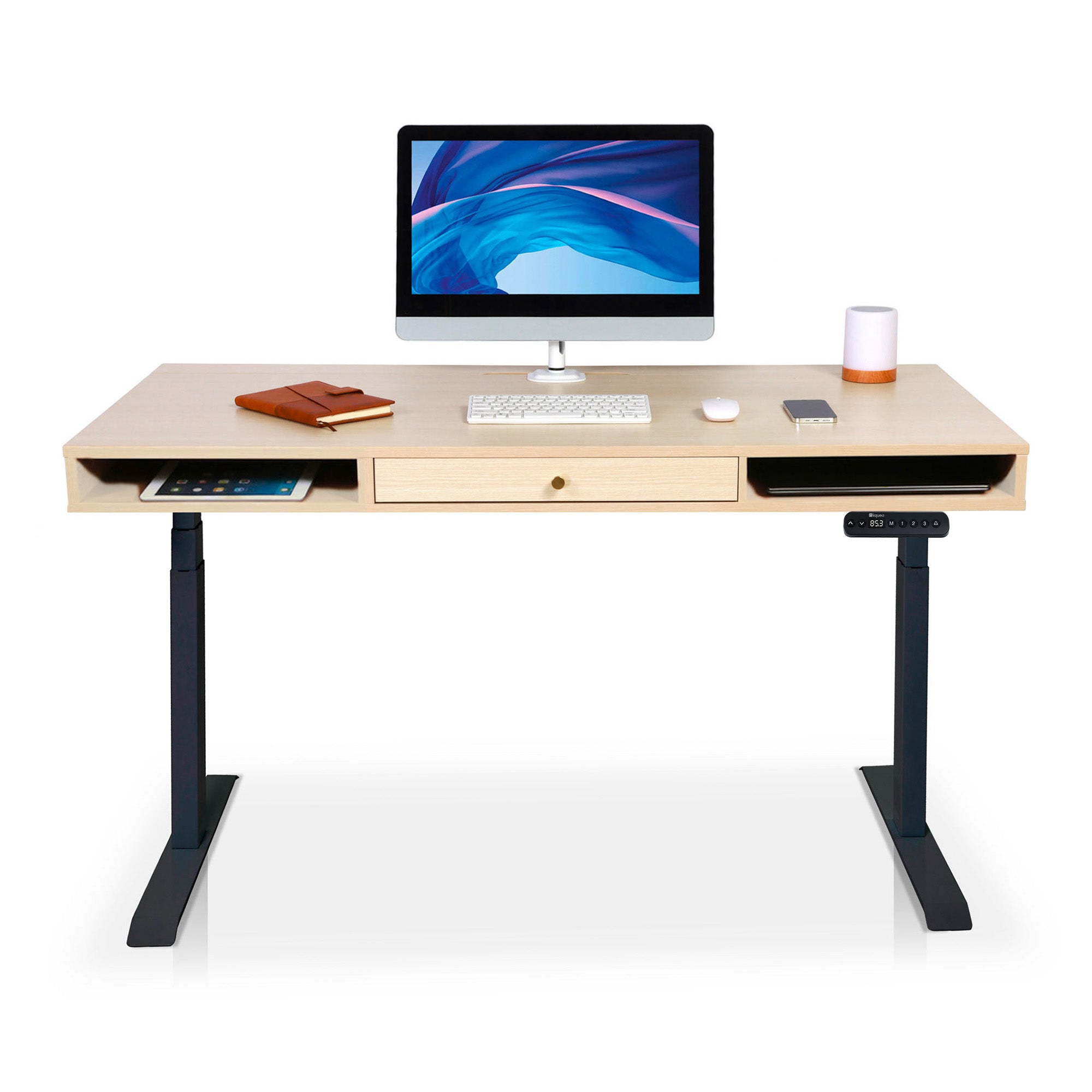 Bureau assis debout Space Dynamic carré KQUEO, 1 tiroir, noir et chêne