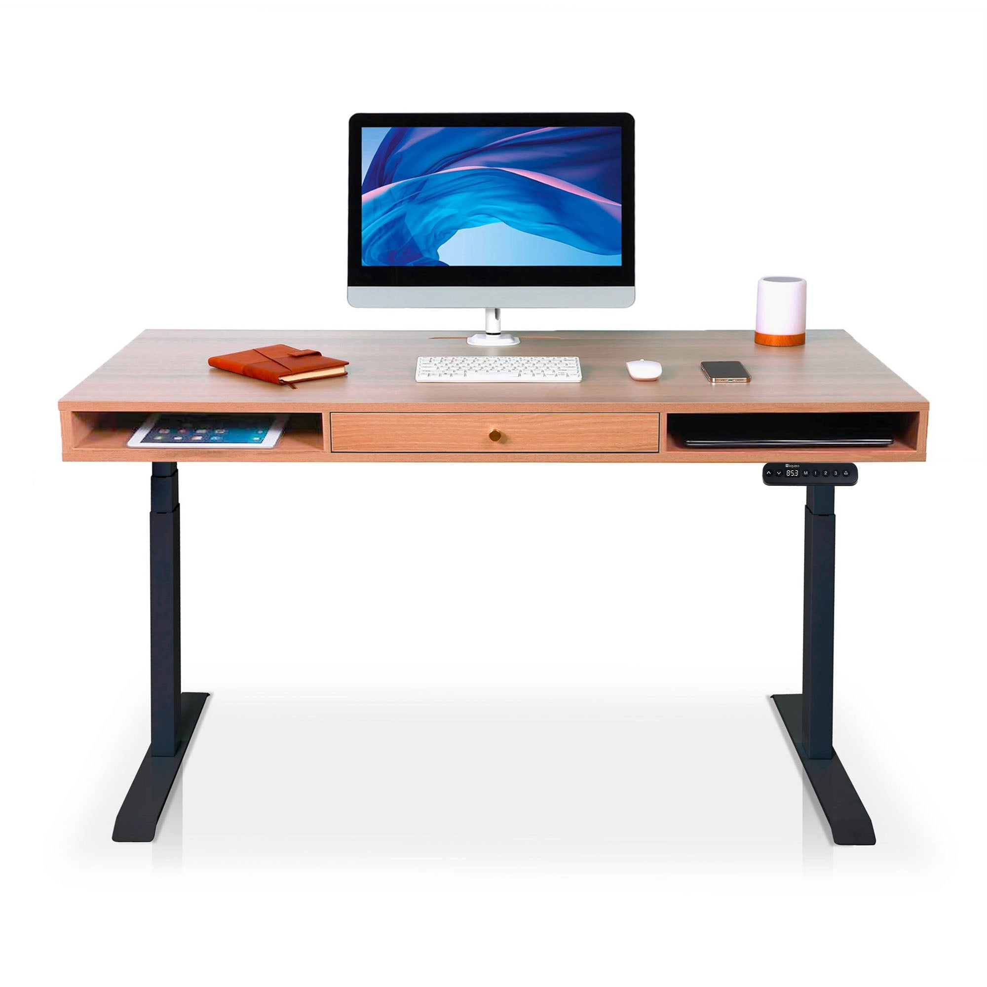 Bureau assis debout Space Dynamic carré KQUEO, 1 tiroir, noir et chêne