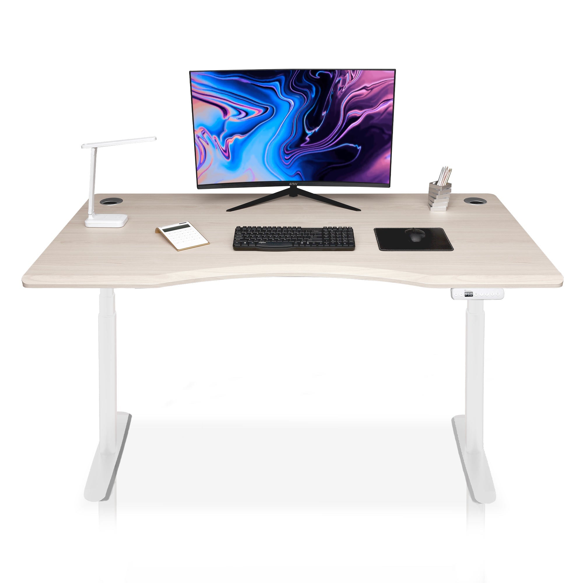 Bureau assis debout Smooth Dynamic Circle KQUEO blanc et chêne, 180 cm