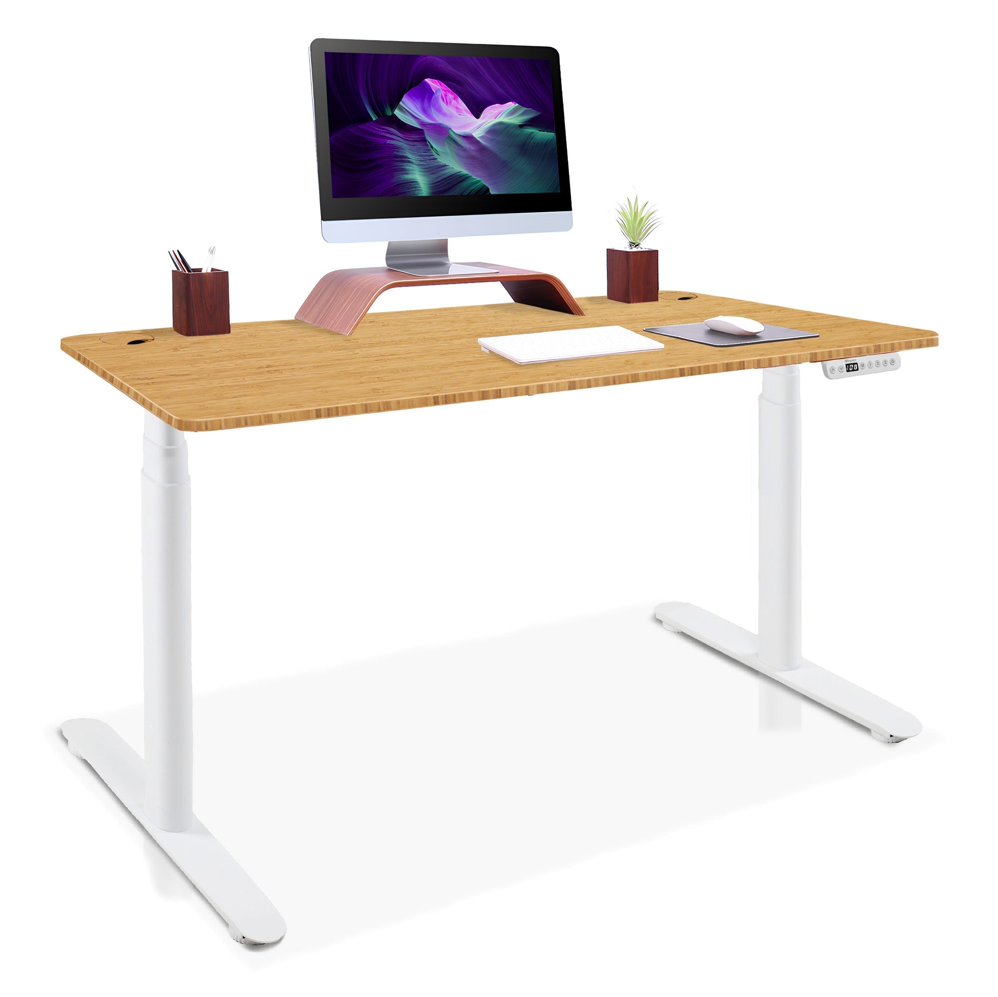 Bureau assis debout Dynamic Circle KQUEO blanc, plateau bambou, 120 x 80 cm