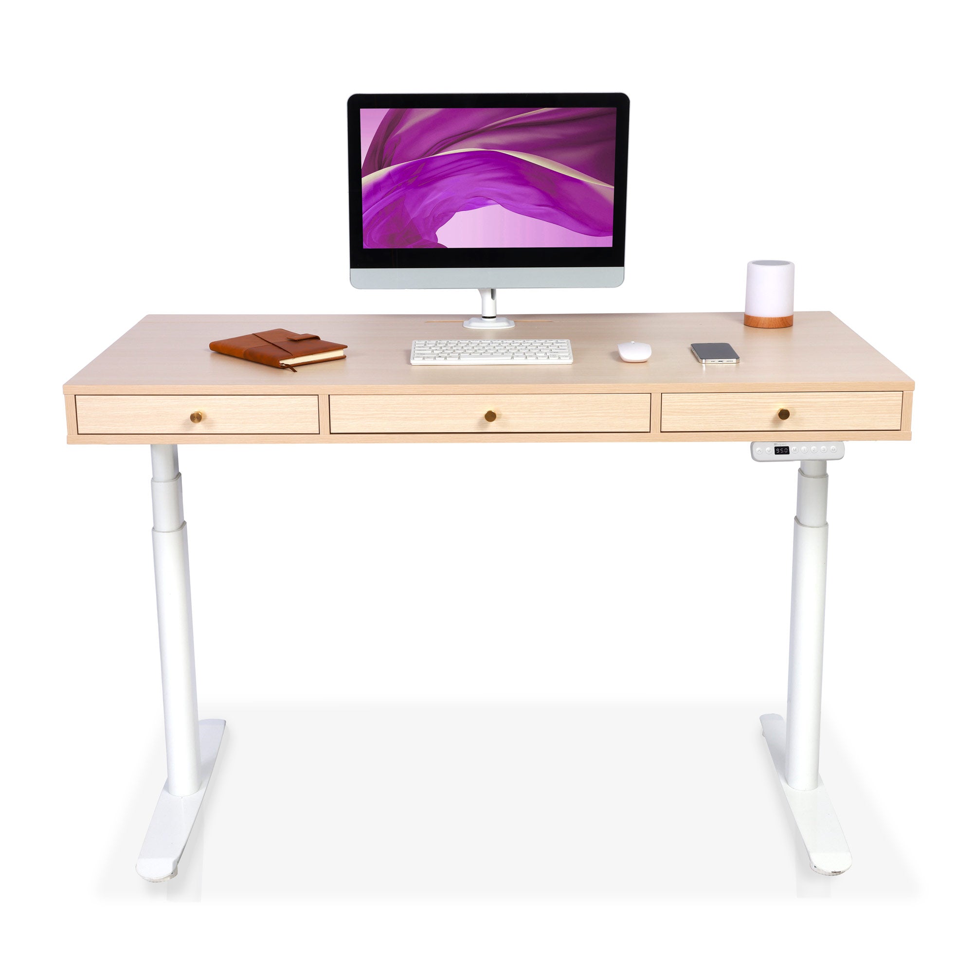 Bureau assis debout Space Dynamic Circle KQUEO blanc, plateau chêne