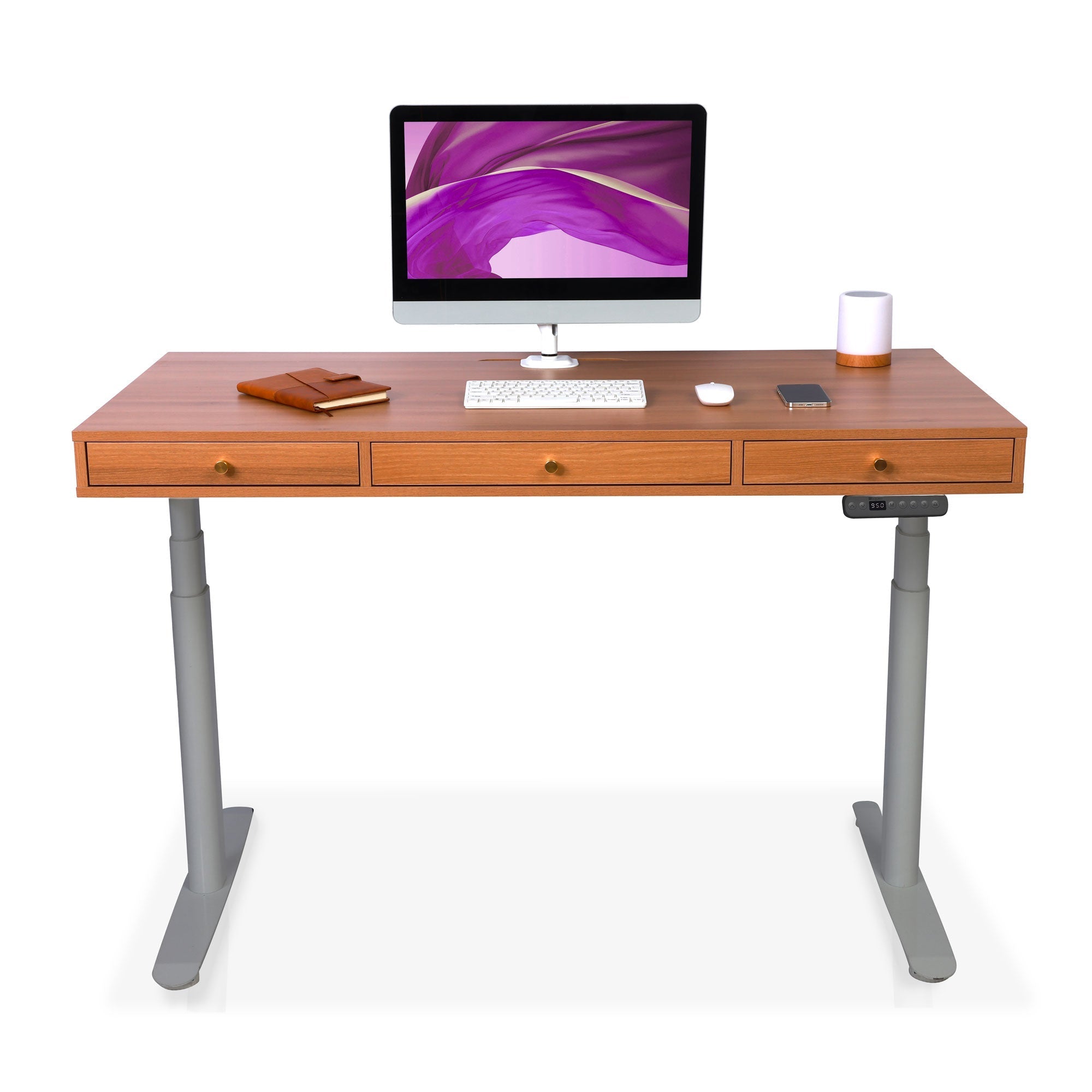 Bureau assis debout Space Dynamic Circle KQUEO gris, plateau chêne, 110 x 60 cm