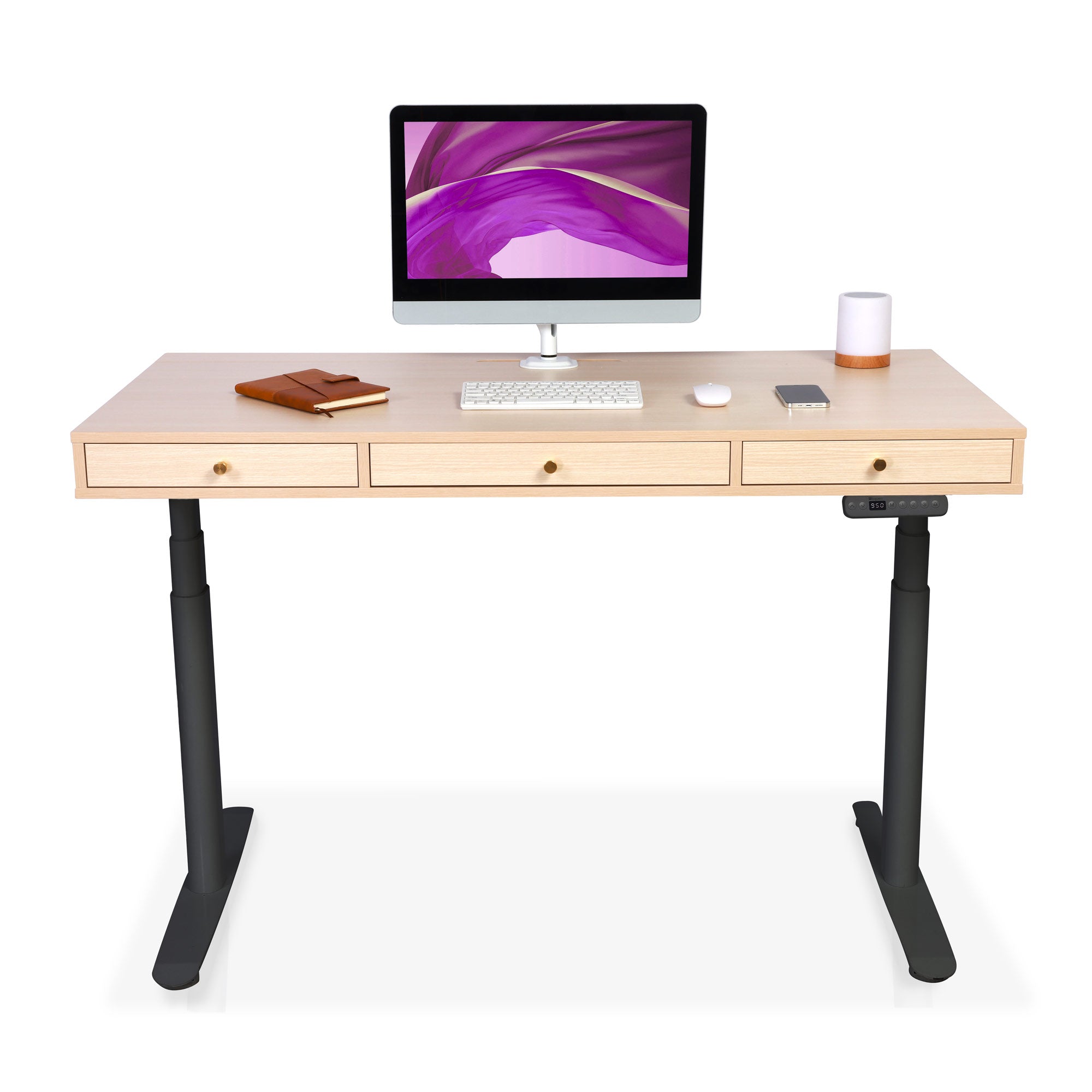 Bureau assis debout Space Dynamic Circle KQUEO noir, plateau chêne