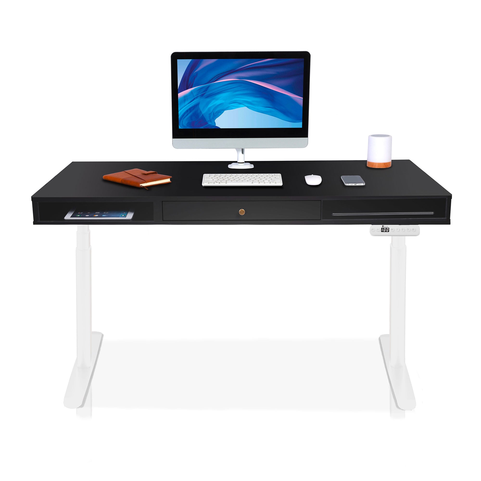 Bureau assis debout Space Dynamic Circle KQUEO blanc et noir, avec trappe