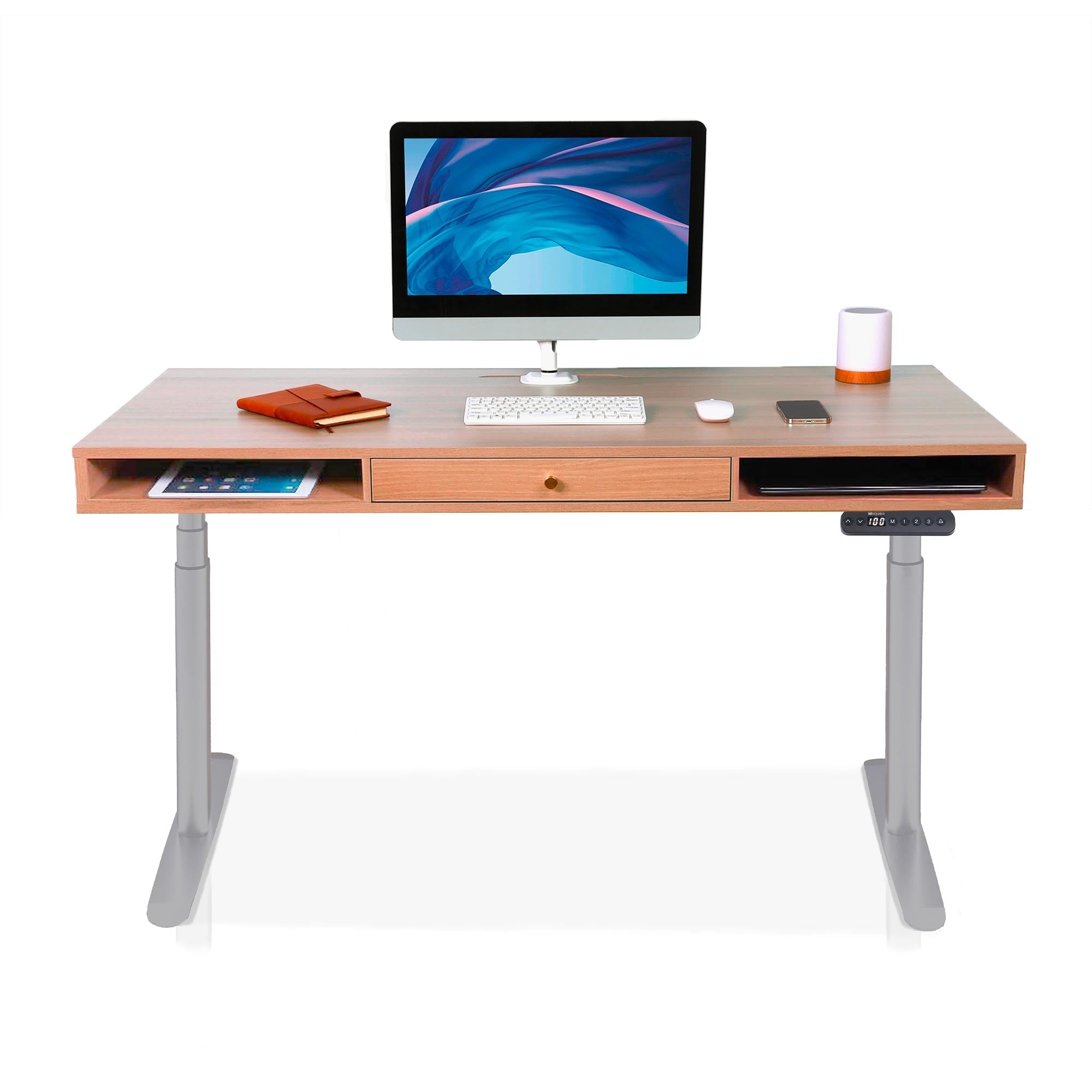 Bureau assis debout Space Dynamic Circle KQUEO gris, plateau chêne, avec trappe