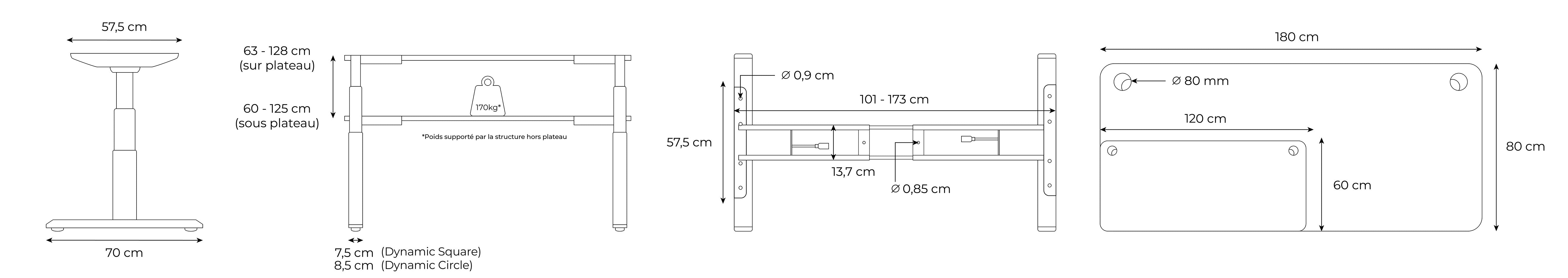 Plan technique des bureaux Dynamic Square et Circle en bambou KQUEO