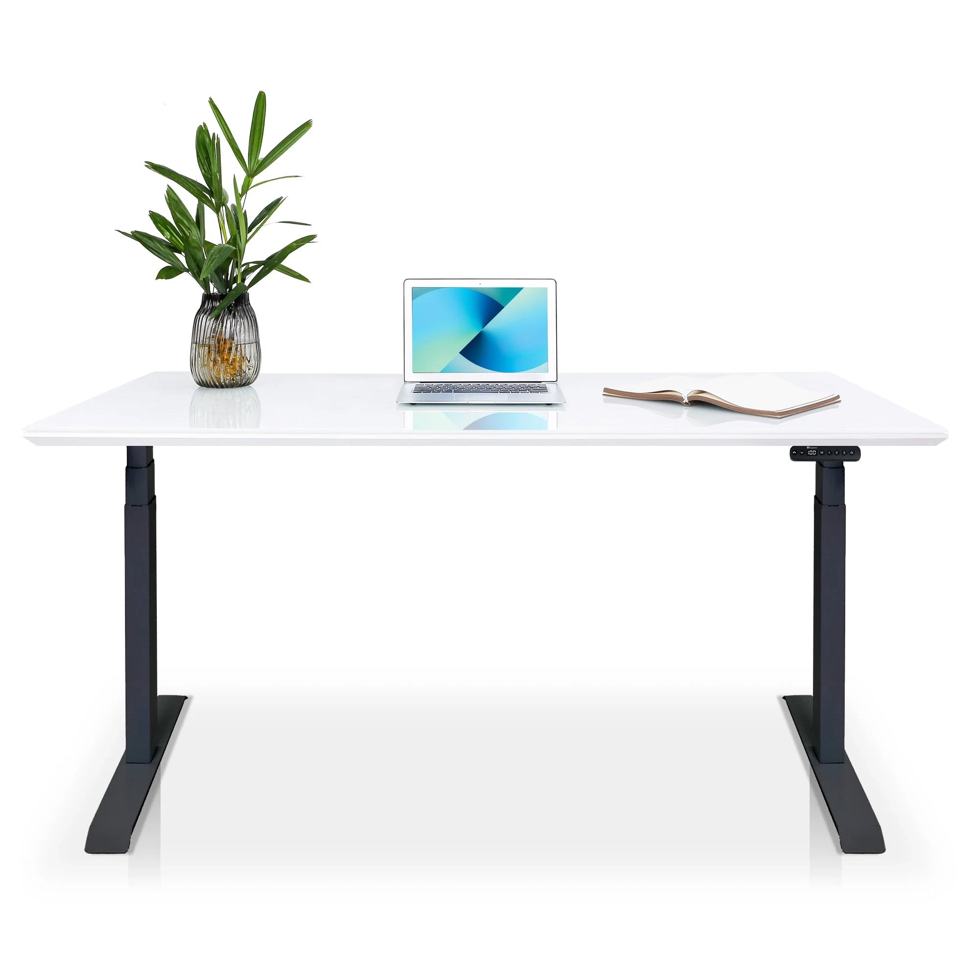 Bureau assis debout Dynamic en verre trempé blanc et noir