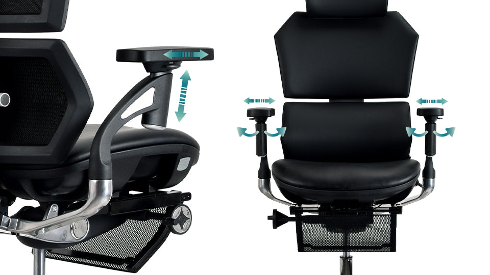 Chaise ergonomique VERTEX PREMIUM noire en cuir reconstitué, vue d'ensemble sous plusieurs angles