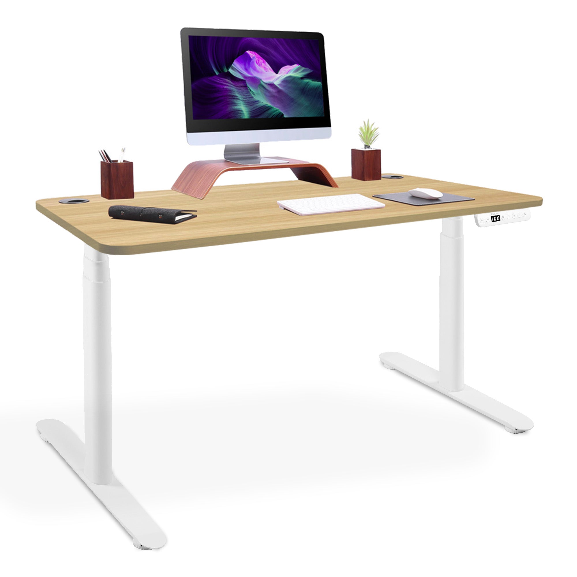 bureau debout 2 moteurs CIRCLE blanc chene blond