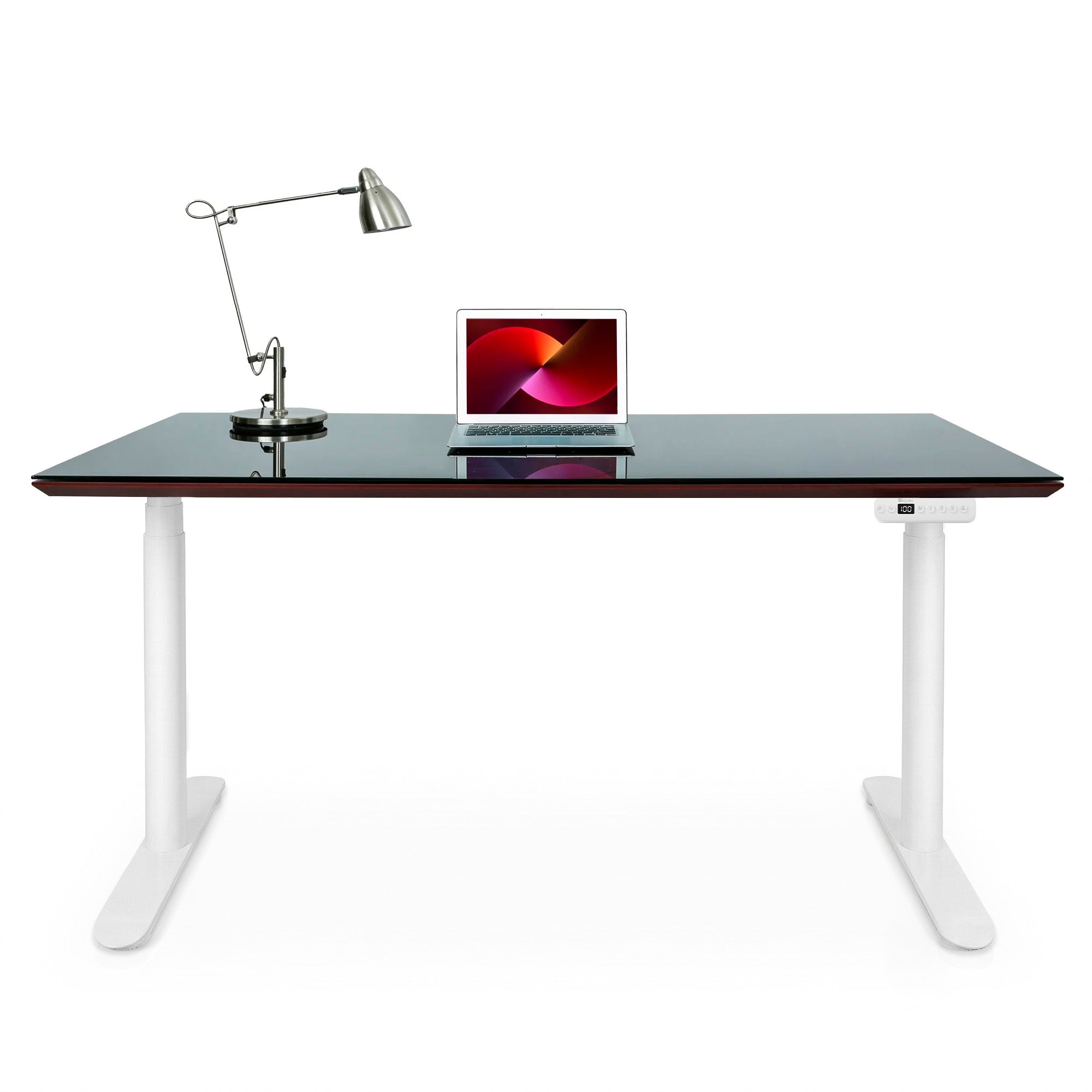 Bureau assis debout Dynamic Circle en verre trempé, noir et blanc