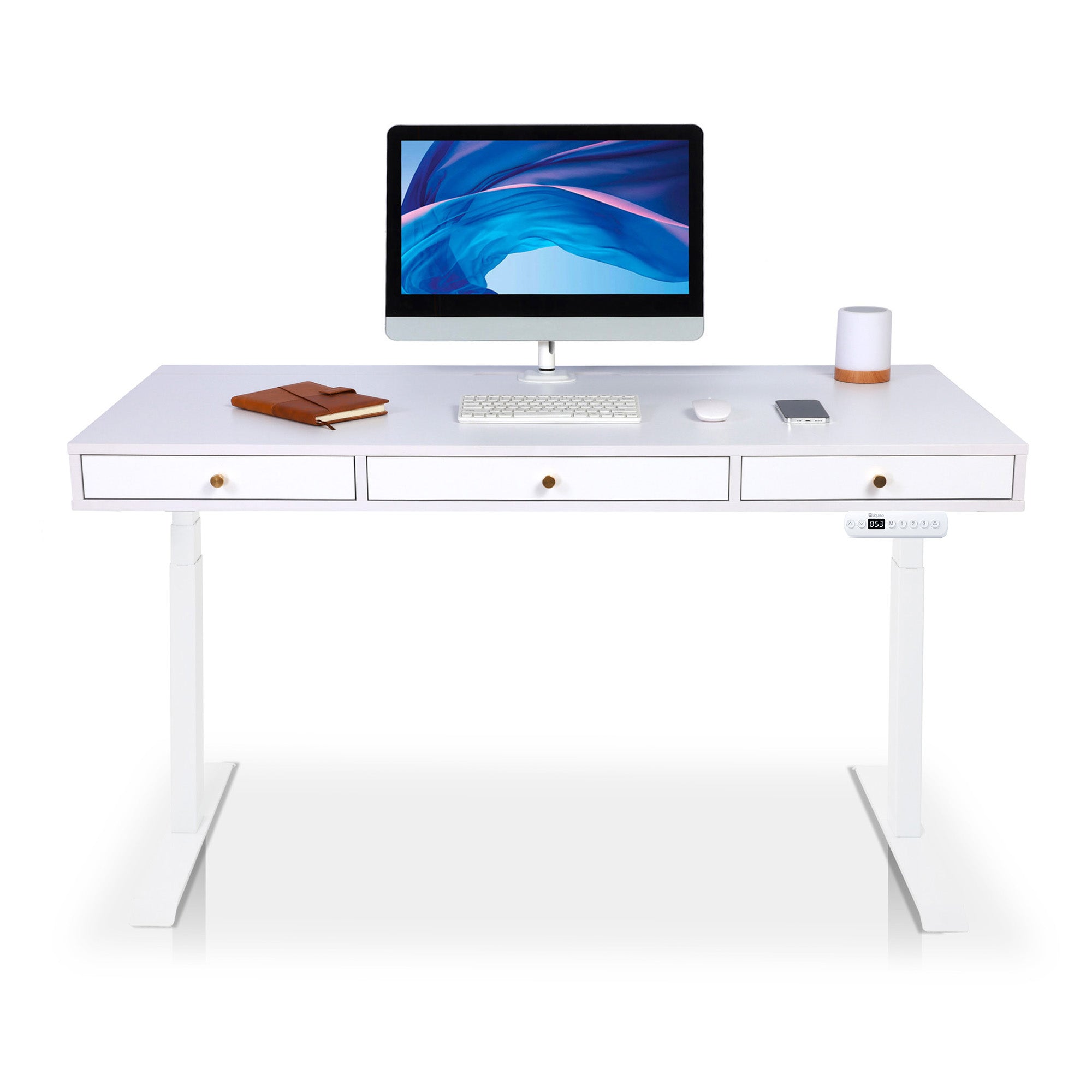 Bureau assis debout Space Dynamic carré KQUEO, 3 tiroirs, blanc
