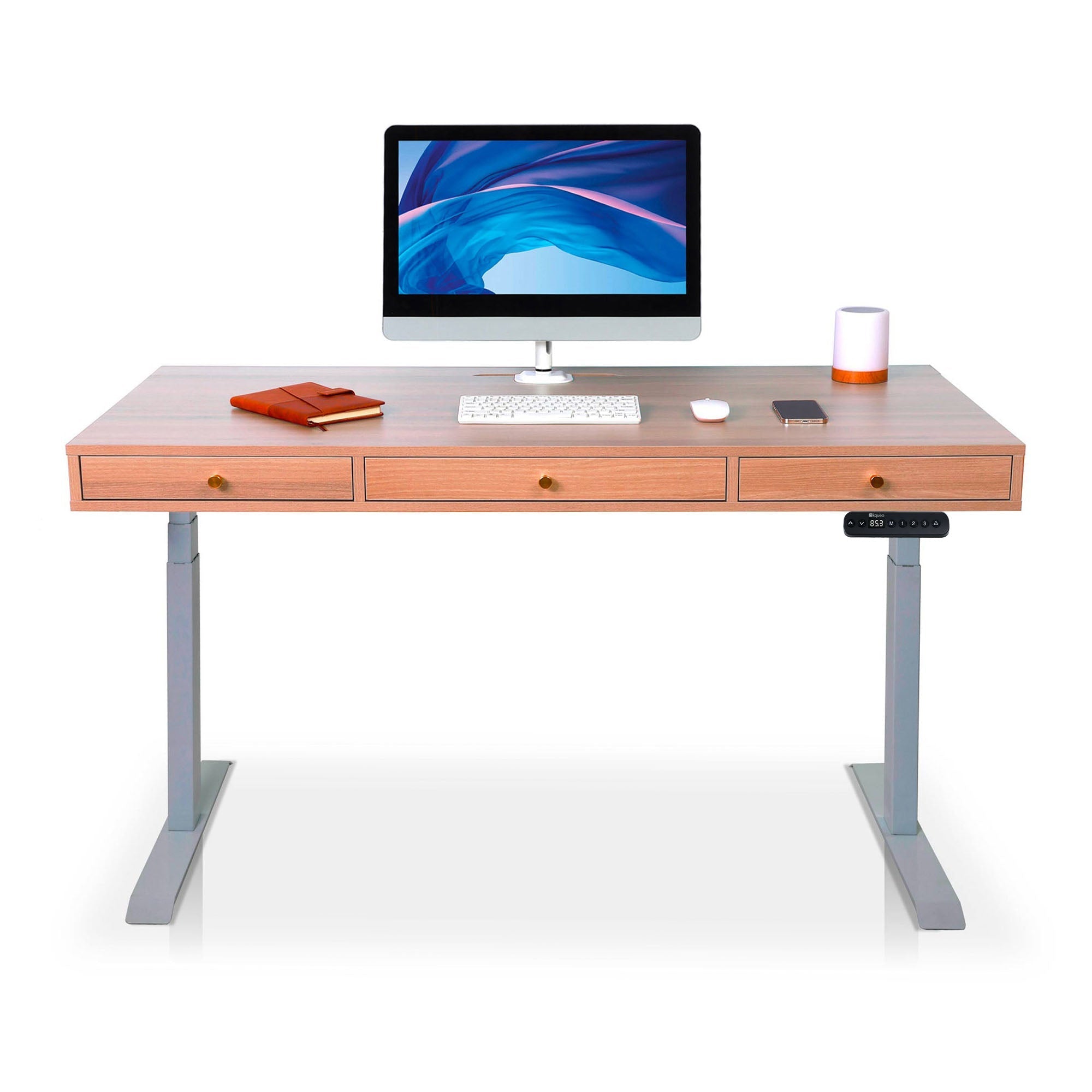 Bureau assis debout Space Dynamic carré KQUEO, 3 tiroirs, gris et chêne