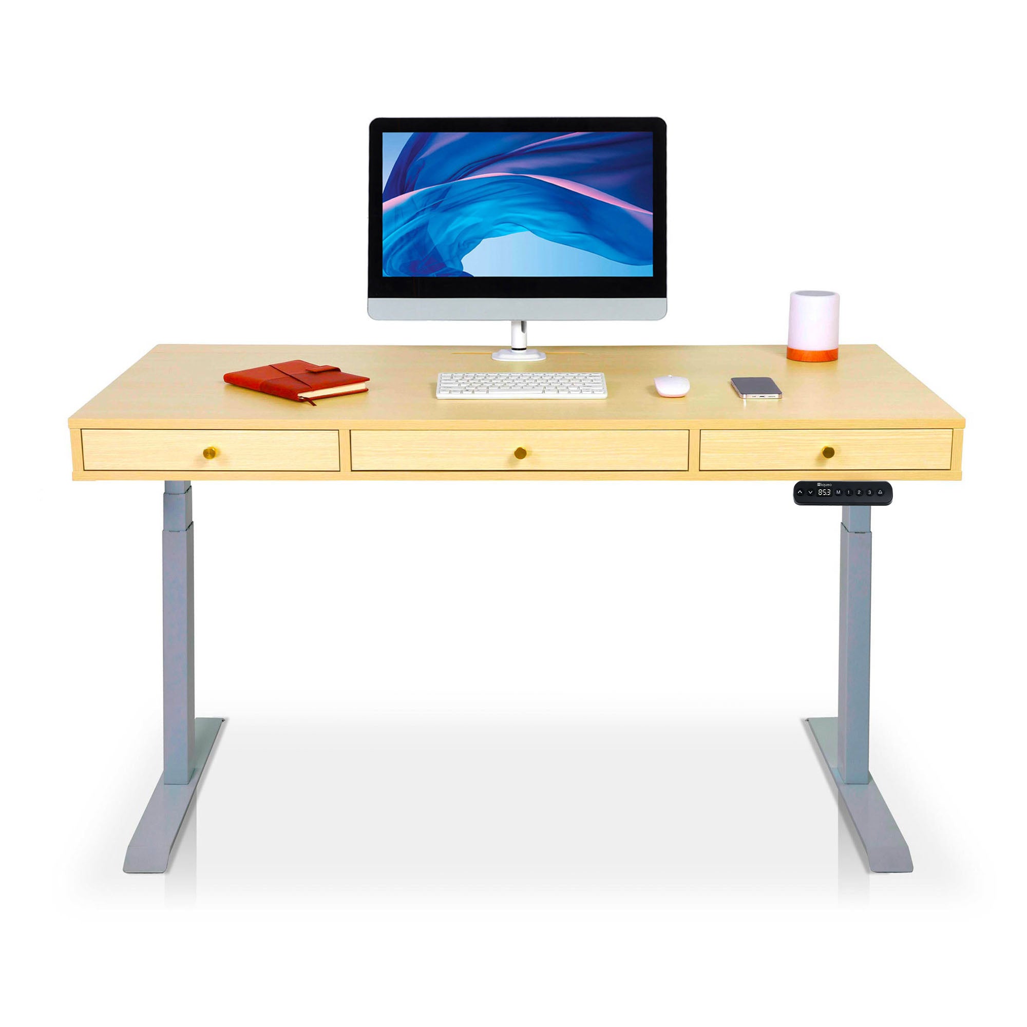 Bureau assis debout Space Dynamic carré KQUEO, 3 tiroirs, gris et chêne