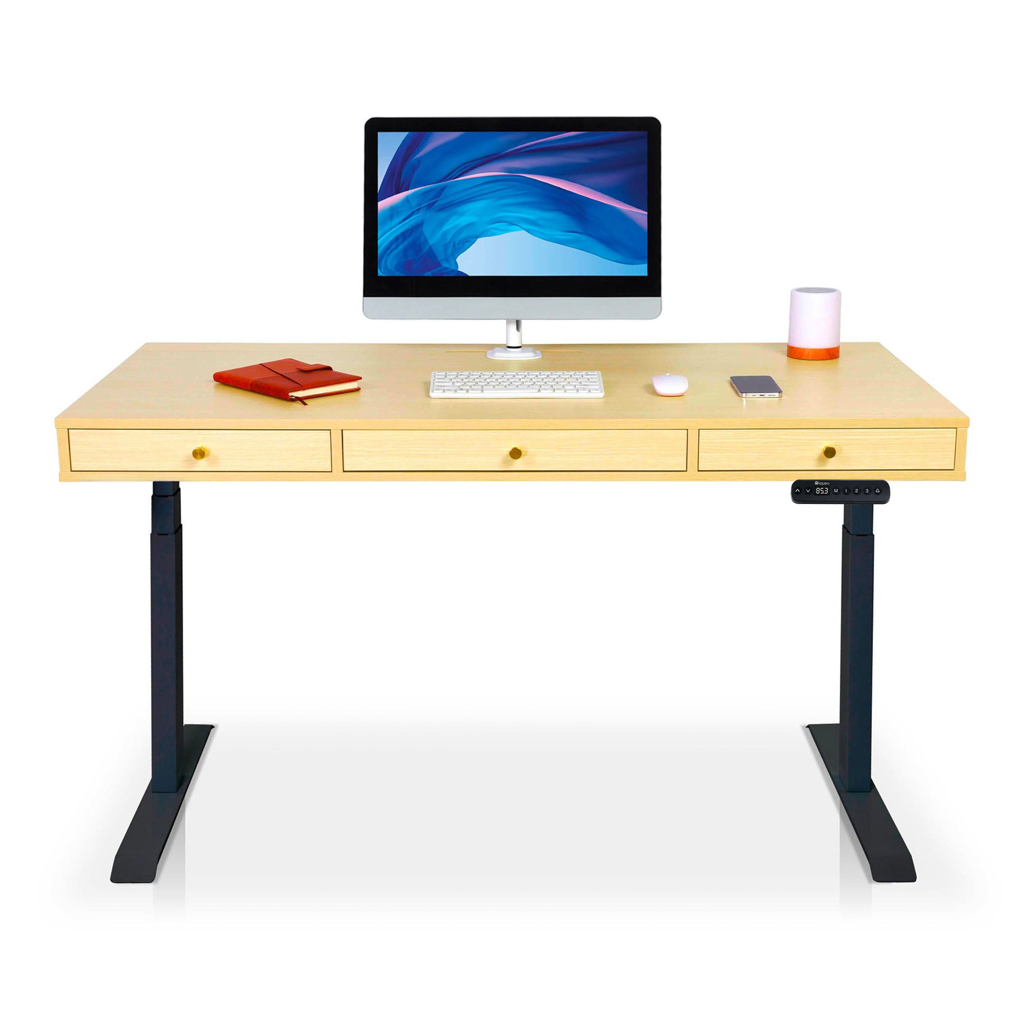 Bureau assis debout Space Dynamic carré KQUEO, 3 tiroirs, noir et chêne